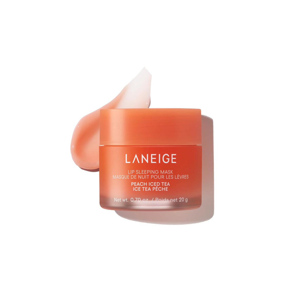 Laneige Lip Sleeping Mask Peach Iced Tea in jar for overnight hydration.