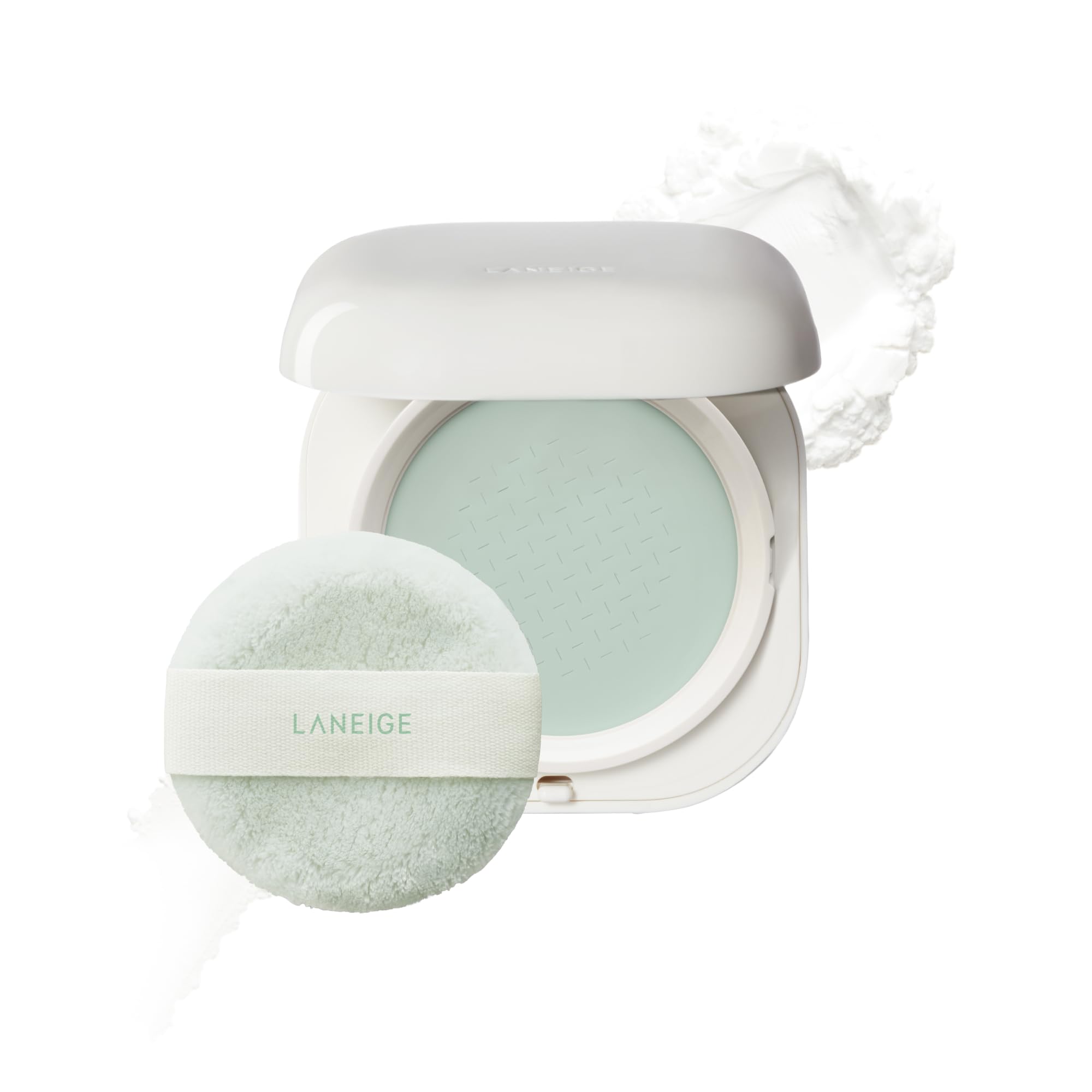 Laneige Neo Blurring Powder compact close-up showing smooth, pore-blurred skin.