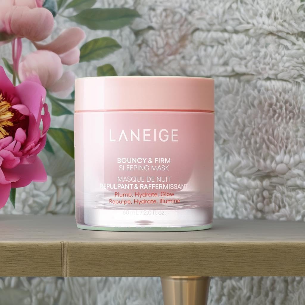 Laneige Peony & Collagen Complex swirl on cream surface suggests revitalization and firmness.