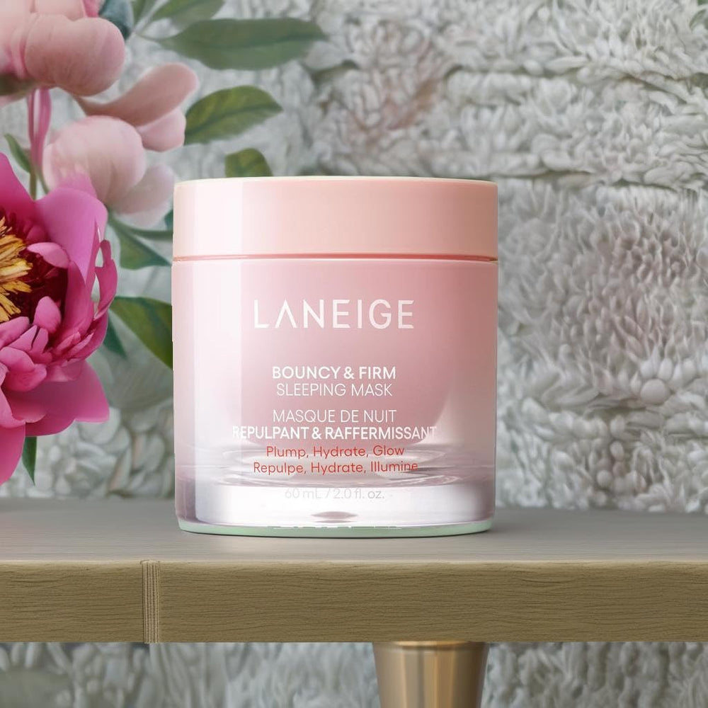 Laneige Peony & Collagen Complex swirl on cream surface suggests revitalization and firmness.