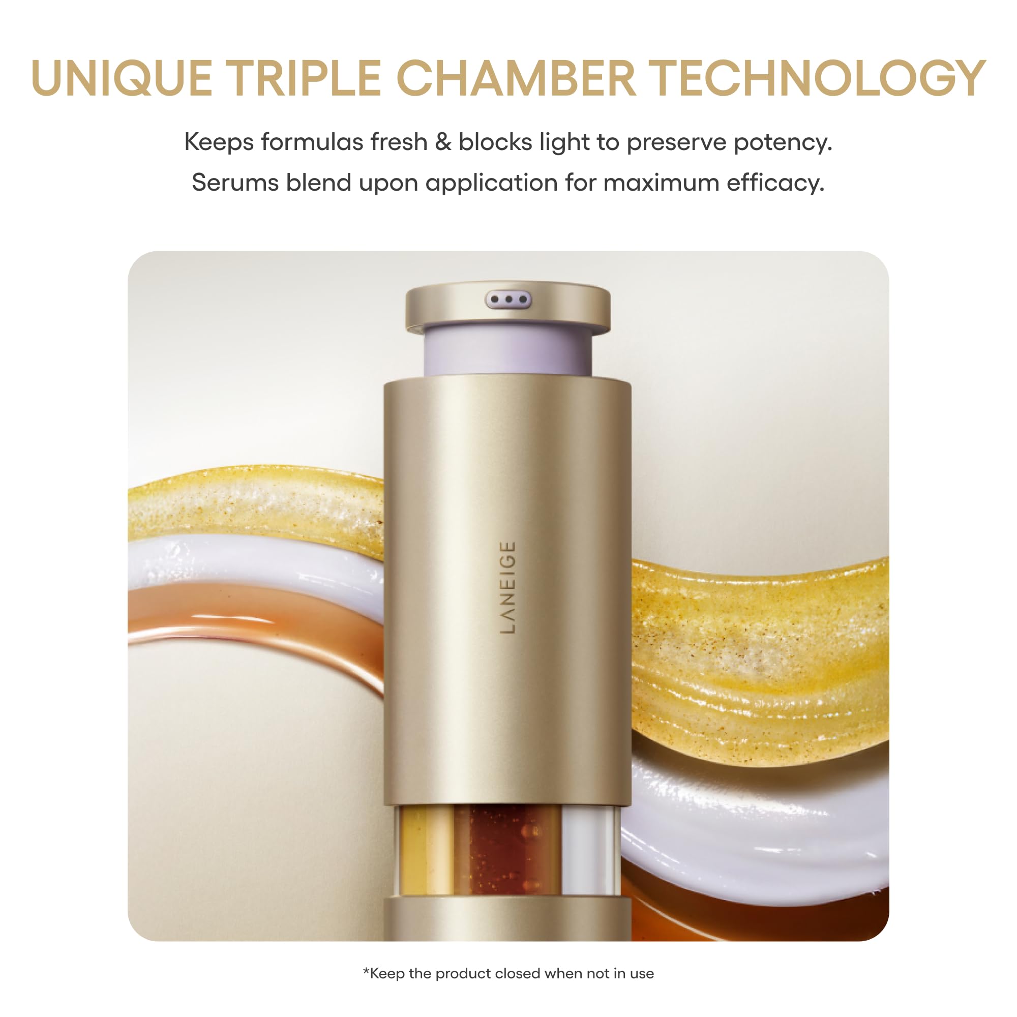 Laneige Perfect Renew 3X bottle twist-open design for convenient dispensing of all three formulas.