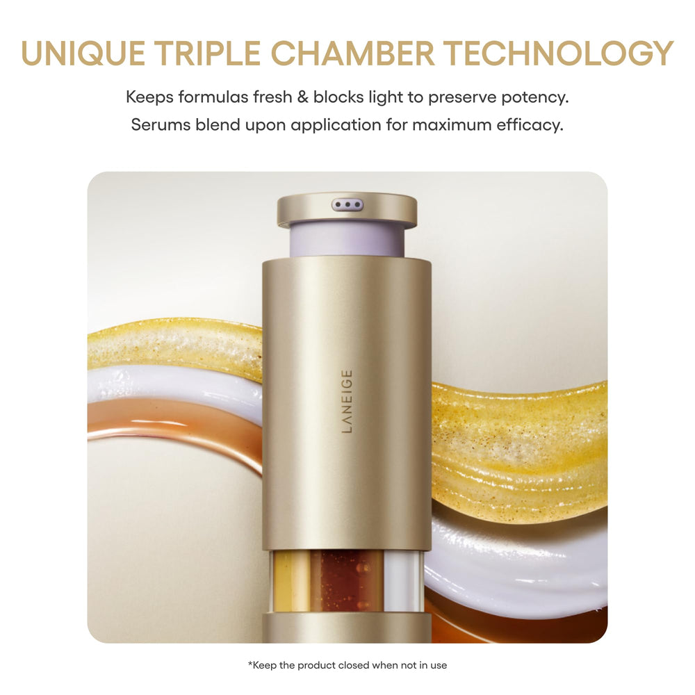 Laneige Perfect Renew 3X bottle twist-open design for convenient dispensing of all three formulas.