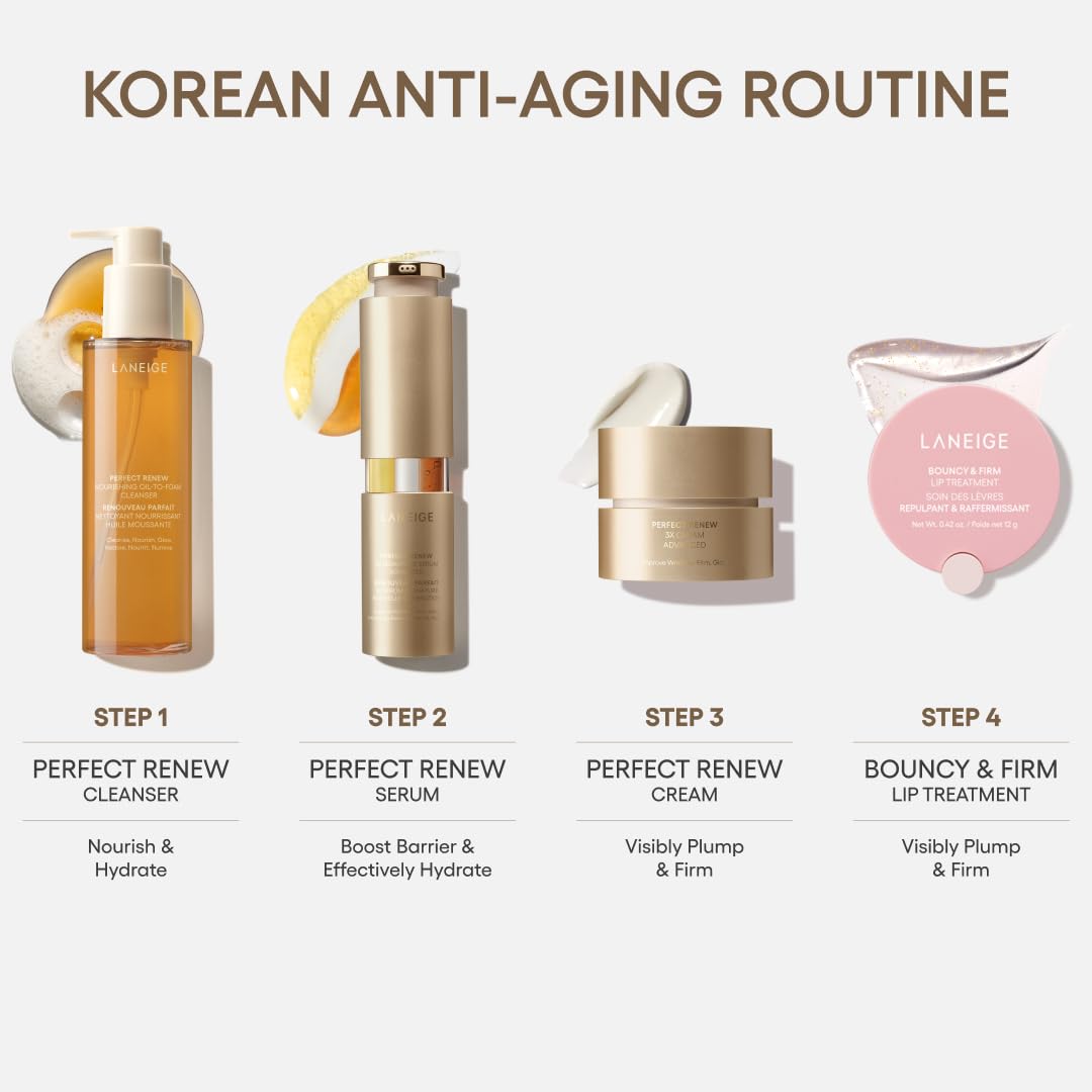LANEIGE glow-ready skin close-up suggests a radiant morning skincare ritual.