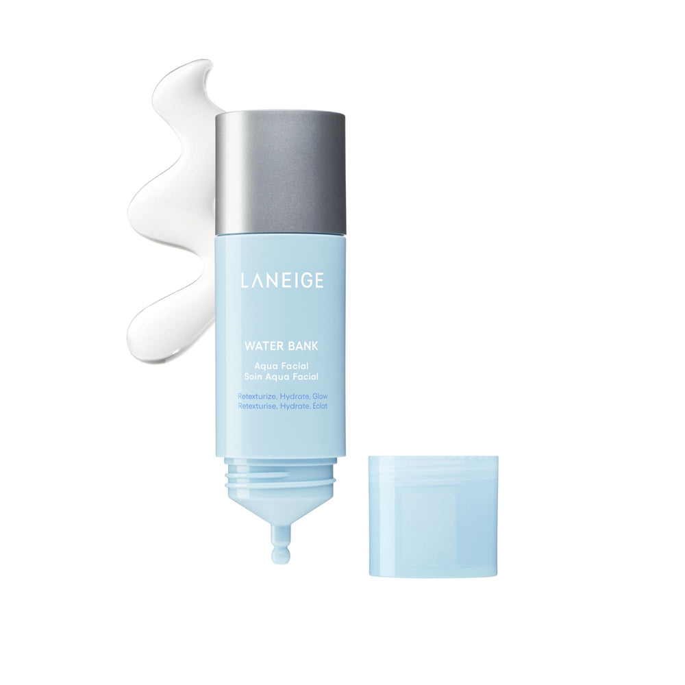 LANEIGE Water Bank Aqua Facial Serum bottle close-up showing hydration-ready skin