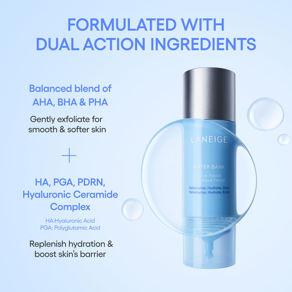 LANEIGE Water Bank Aqua Facial Serum glow shot emphasizing radiant complexion