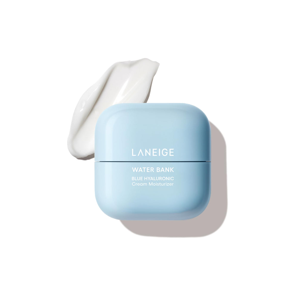 LANEIGE Water Bank Blue Hyaluronic Cream jar closeup showing rich, hydrating texture.