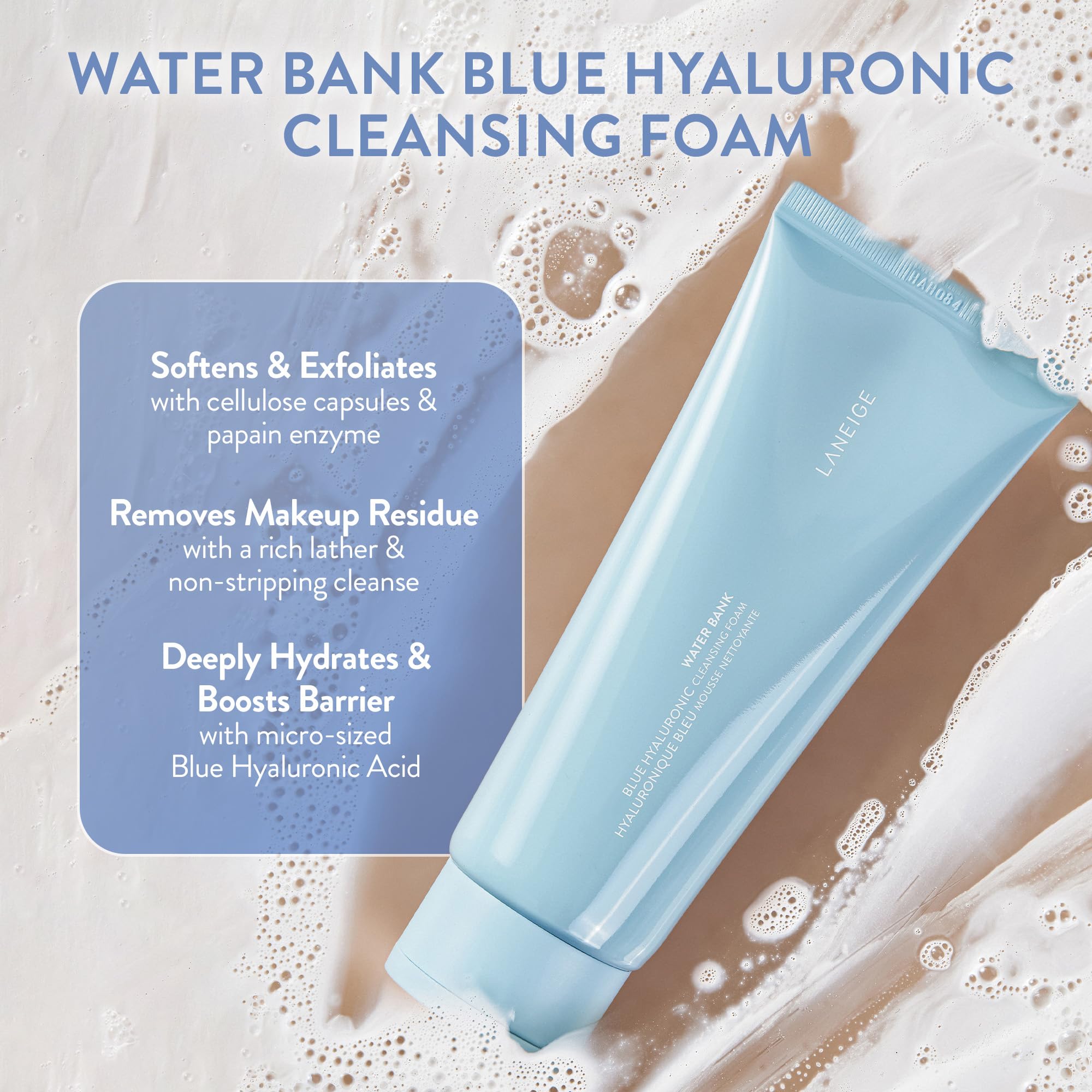 LANEIGE Water Bank Cleansing Foam hyaluronic acid microbeads hydrate for lasting moisture.