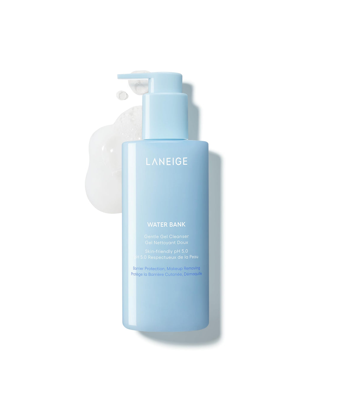 LANEIGE Water Bank Gentle Gel Cleanser bottle pour for effortless makeup removal