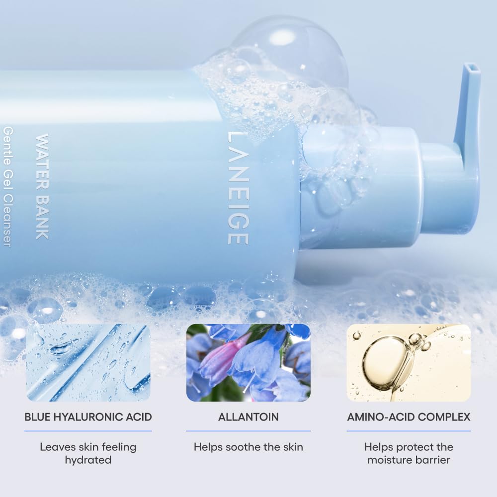 LANEIGE Water Bank Gentle Gel Cleanser Mini rich foam for gentle daily cleansing.