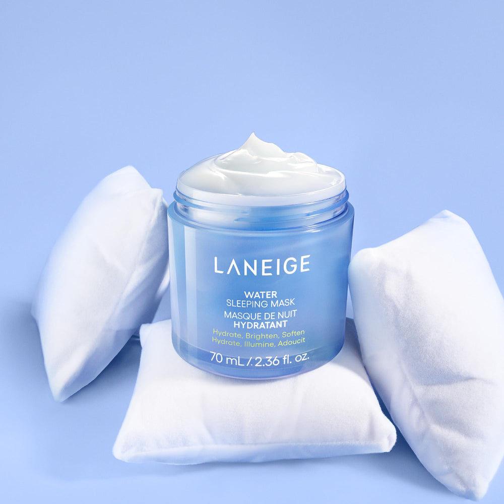 LANEIGE Water Sleeping Mask ingredient close-up featuring hyaluronic blends and ceramides.