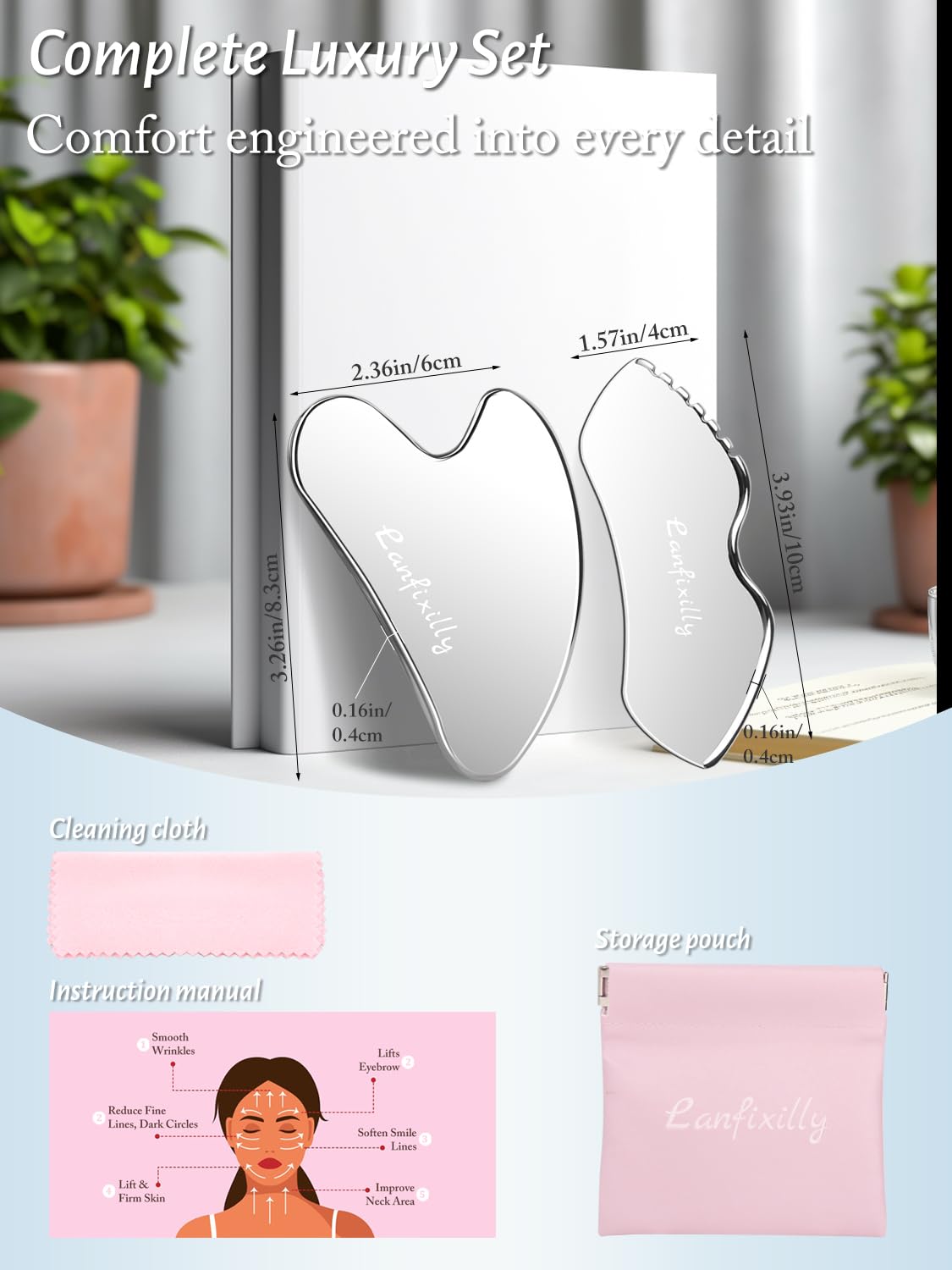 Lanfixilly detailer gua sha targets under-eye and neck bands for precise contouring.