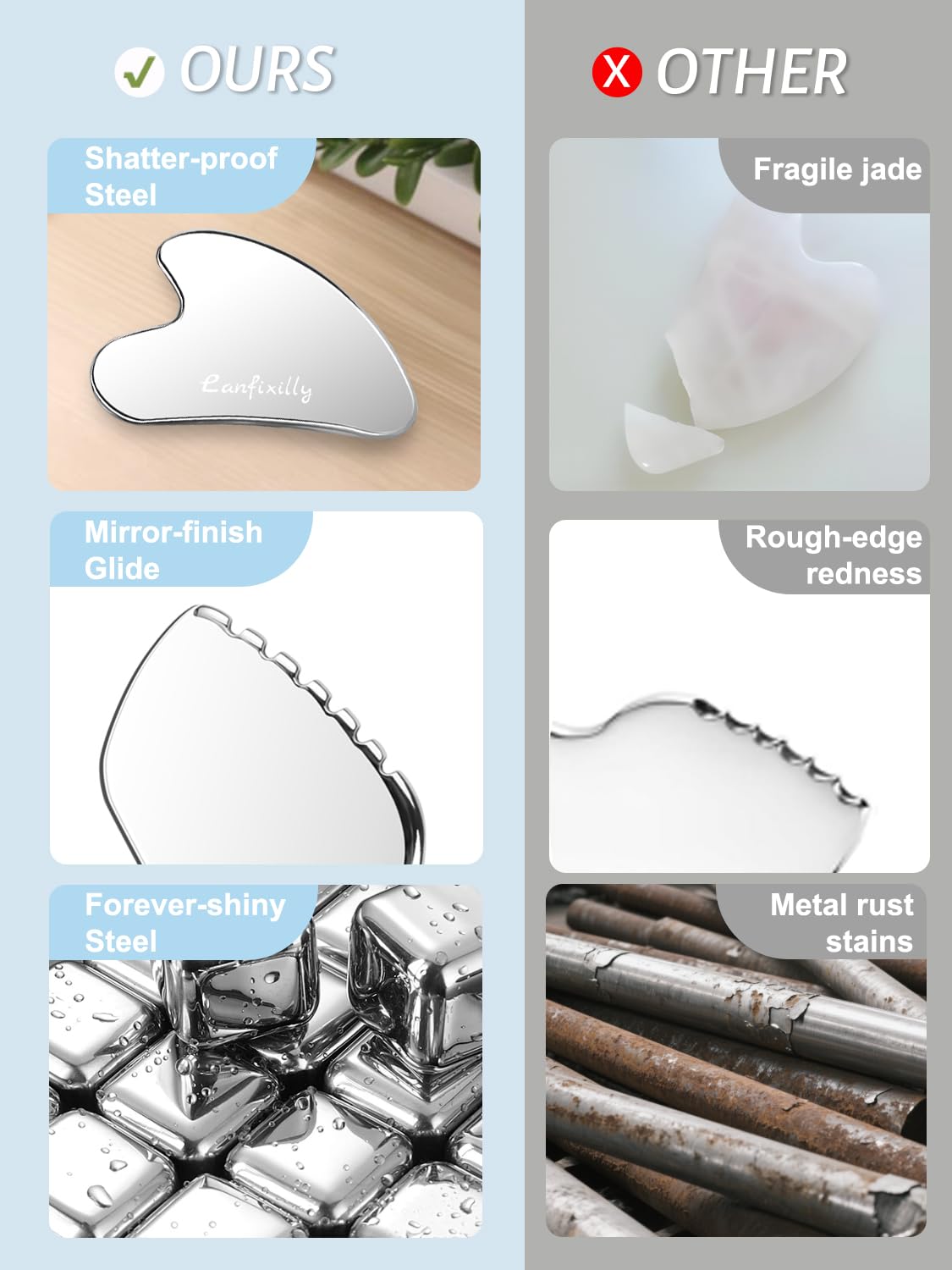 Lanfixilly self-care ritual with stainless steel tools delivers calming facial massage.