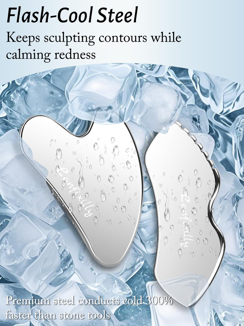 Lanfixilly stainless-steel gua sha retains cold for instant depuffing and refreshed look.