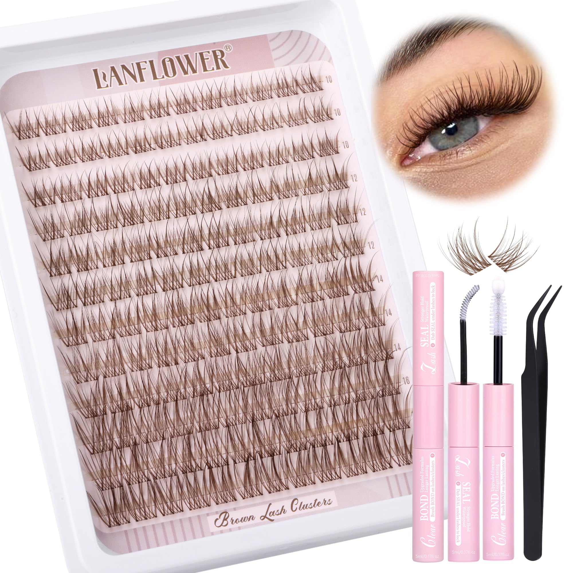 Lanflower brown lash clusters kit cover offers natural wispy enhancement for everyday looks.