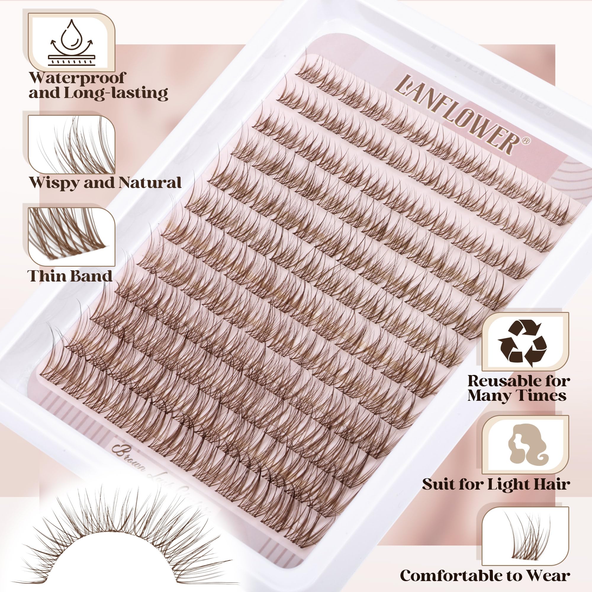 Lanflower brown lash clusters kit packaging emphasizes simple, reusable home beauty routine.