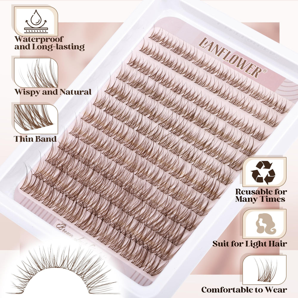 Lanflower brown lash clusters kit packaging emphasizes simple, reusable home beauty routine.