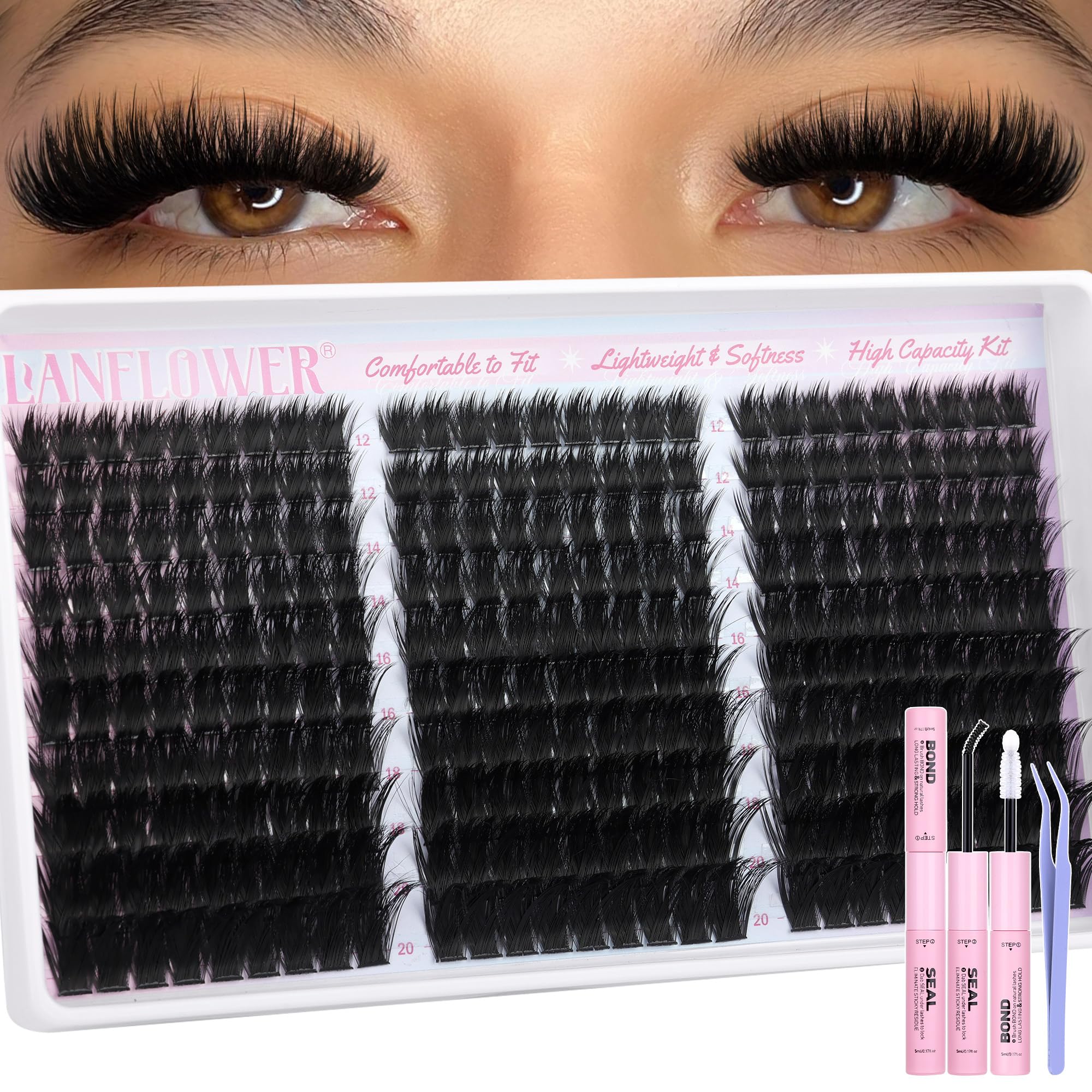 LANFLOWER Fluffy Lash Clusters Kit collection shows dramatic manga lashes for bold eyes.