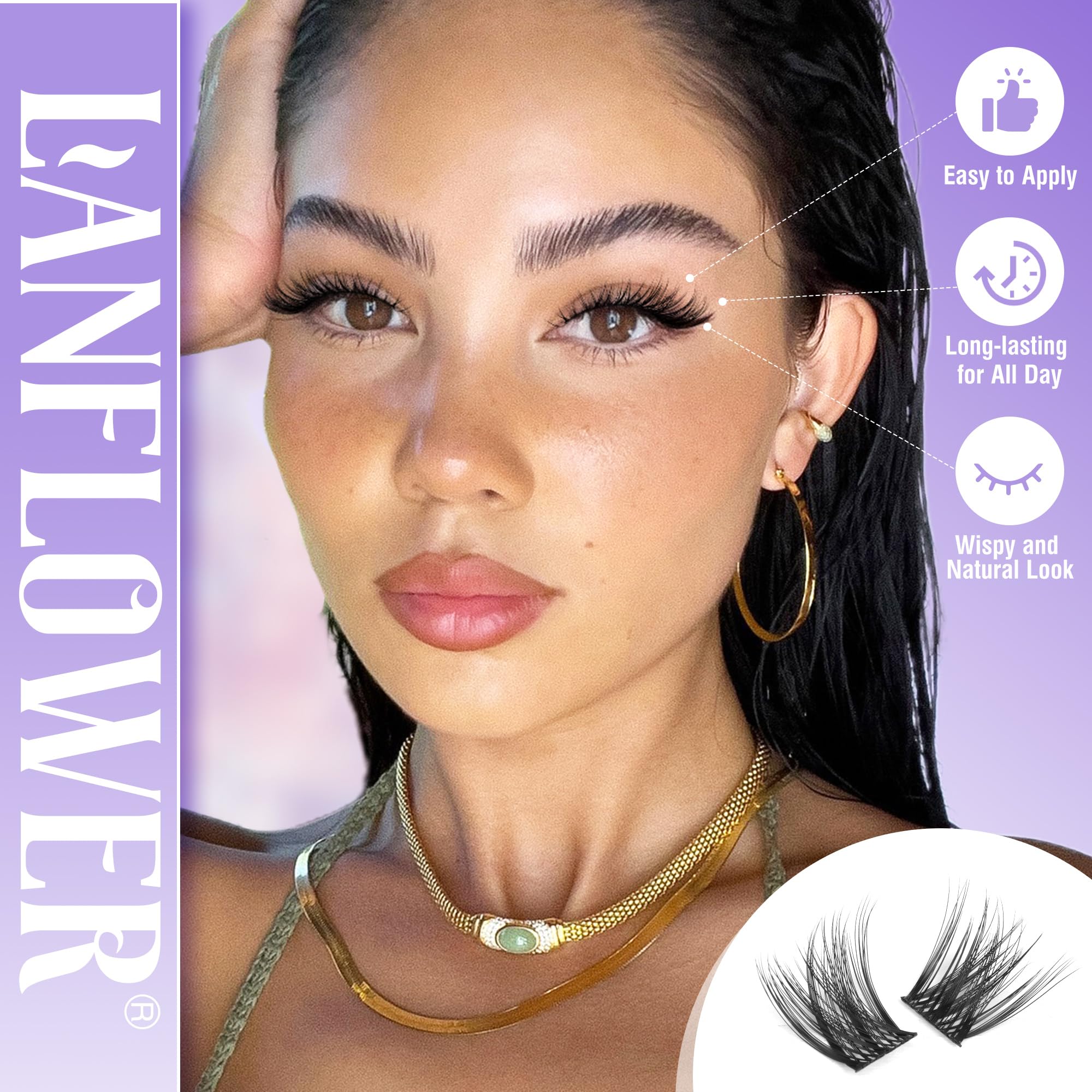 Lanflower lash clusters 10-16mm for natural C-curved volume at home