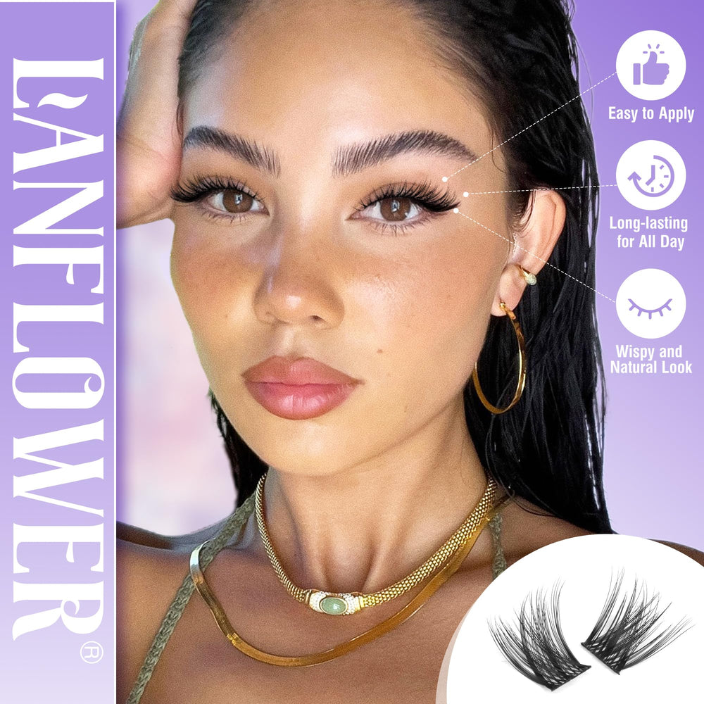 Lanflower lash clusters 10-16mm for natural C-curved volume at home