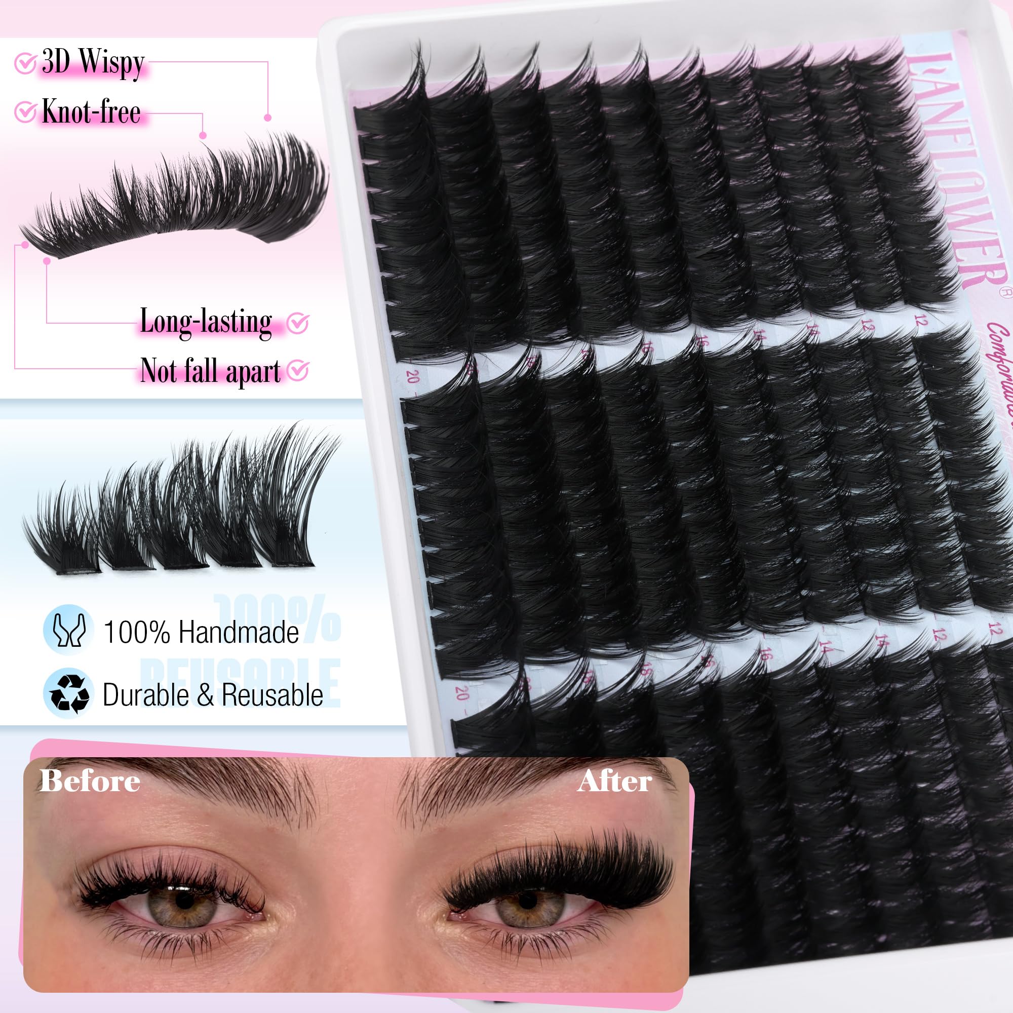 LANFLOWER lash clusters closeup highlights lightweight, feather-soft synthetic silk for comfortable wear.