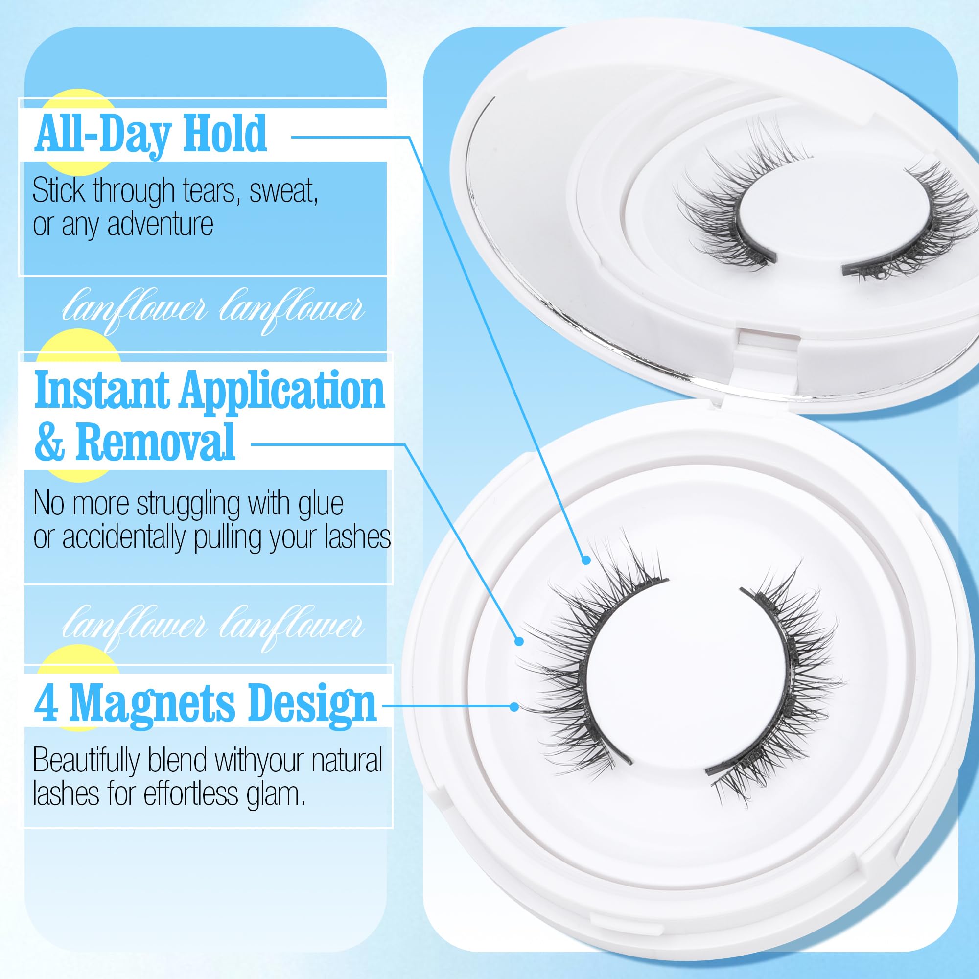 Lanflower lightweight synthetic silk lashes for all-day comfort.