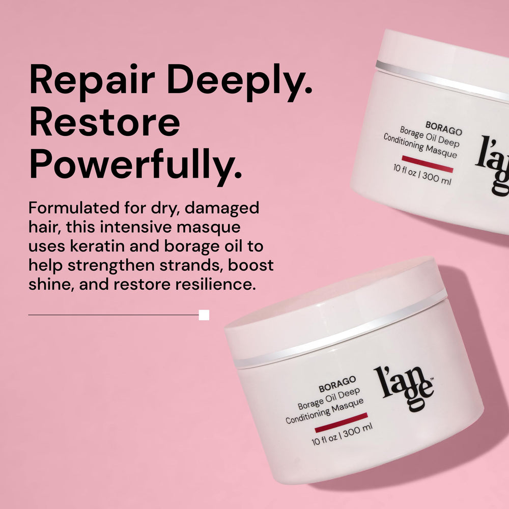 L'ANGE HAIR Borago masque application on hair demonstrates mid-length to ends treatment.