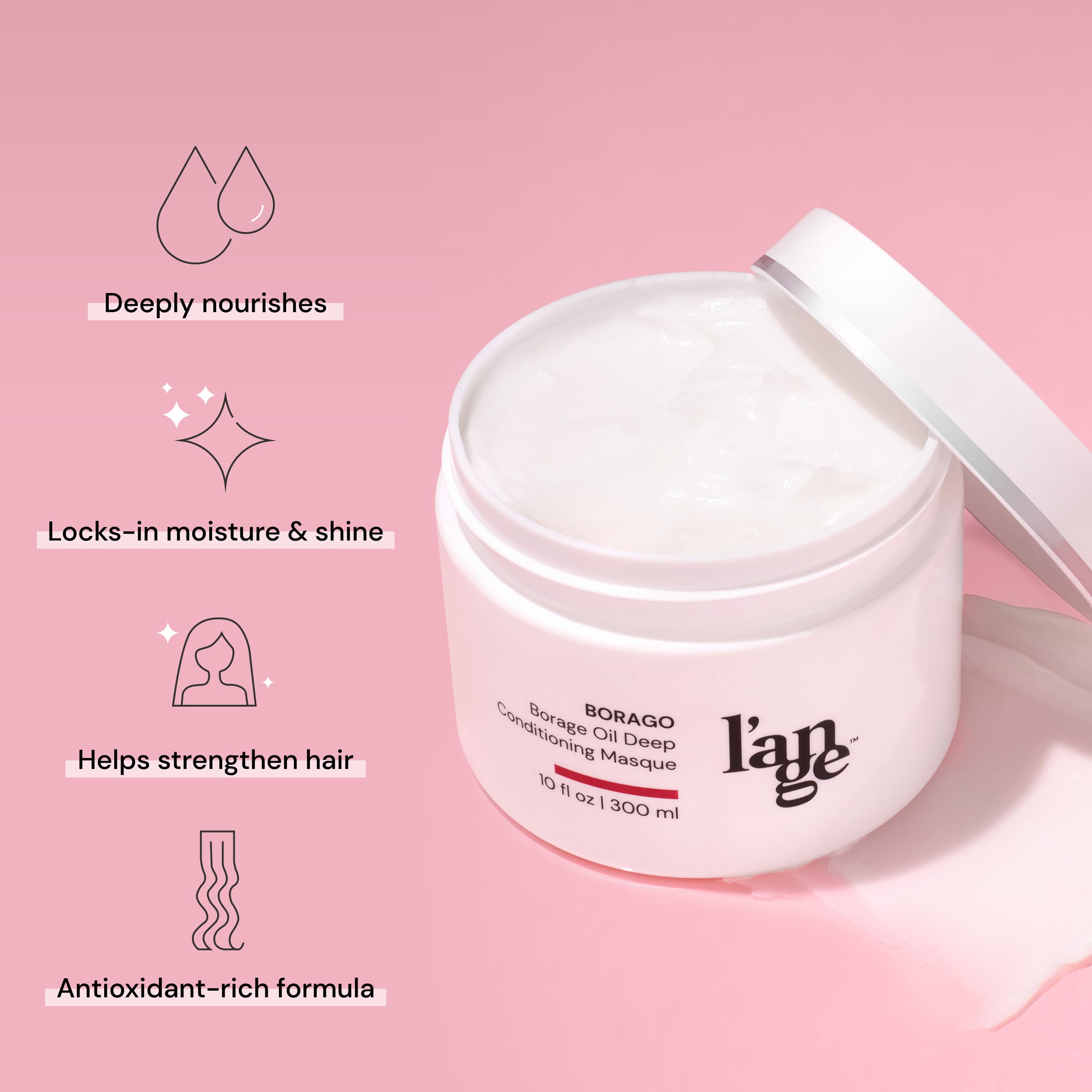 L'ANGE HAIR Borago Deep Conditioning Masque jar close-up showing premium keratin for strength.