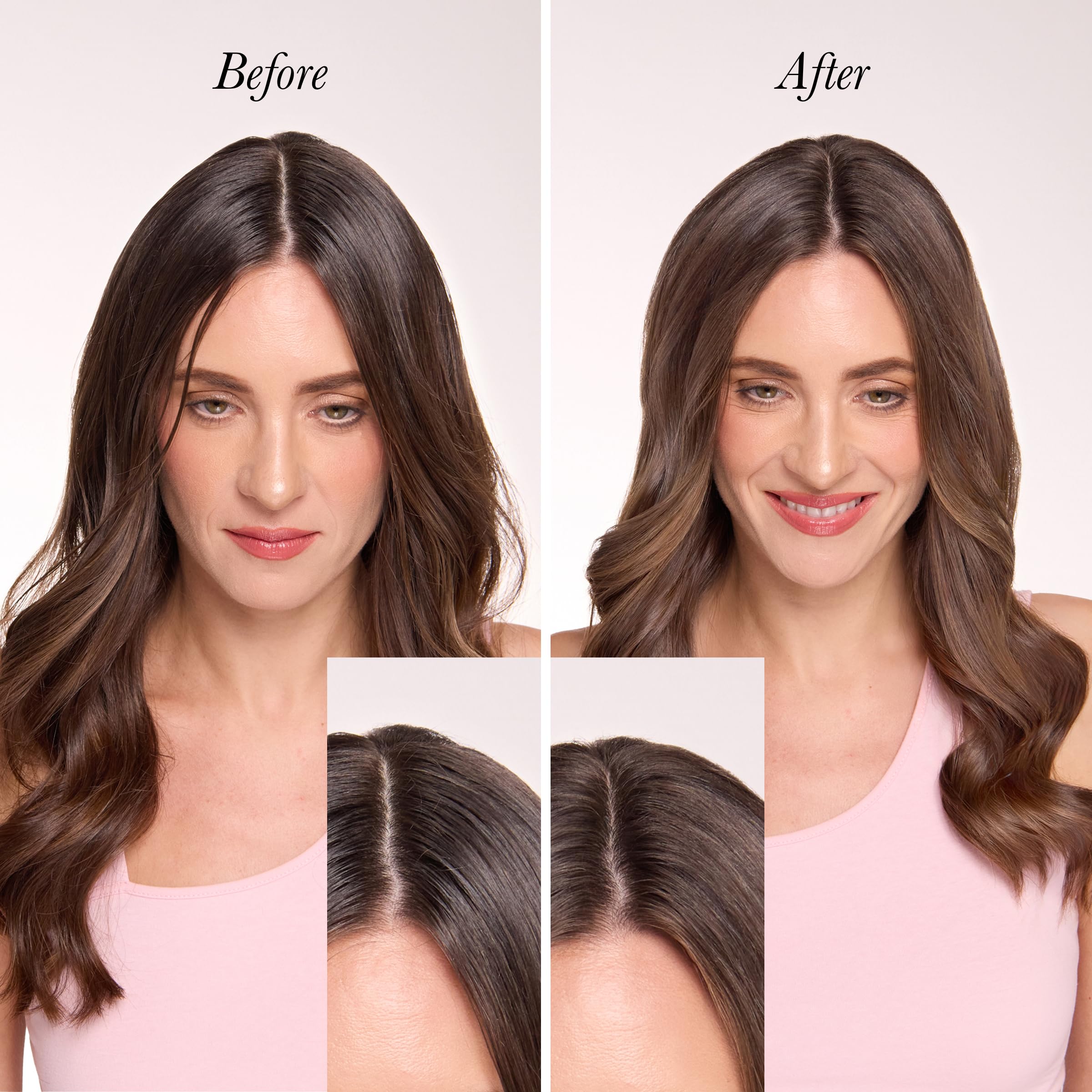 L'ANGE HAIR Deja Vu dry shampoo powder swatch blends with hair color for seamless look.