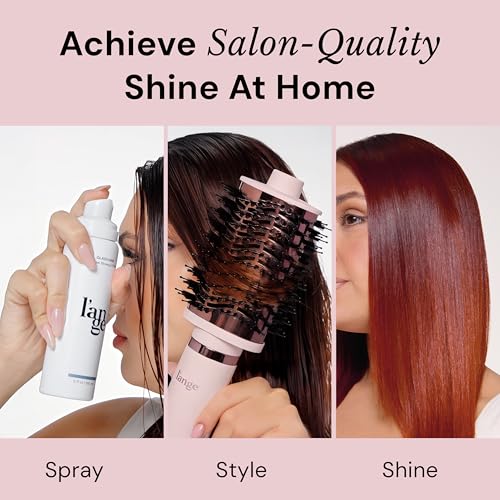 L'ANGE HAIR Frizz Control barrier shows a mist forming around strands for humidity resistance.