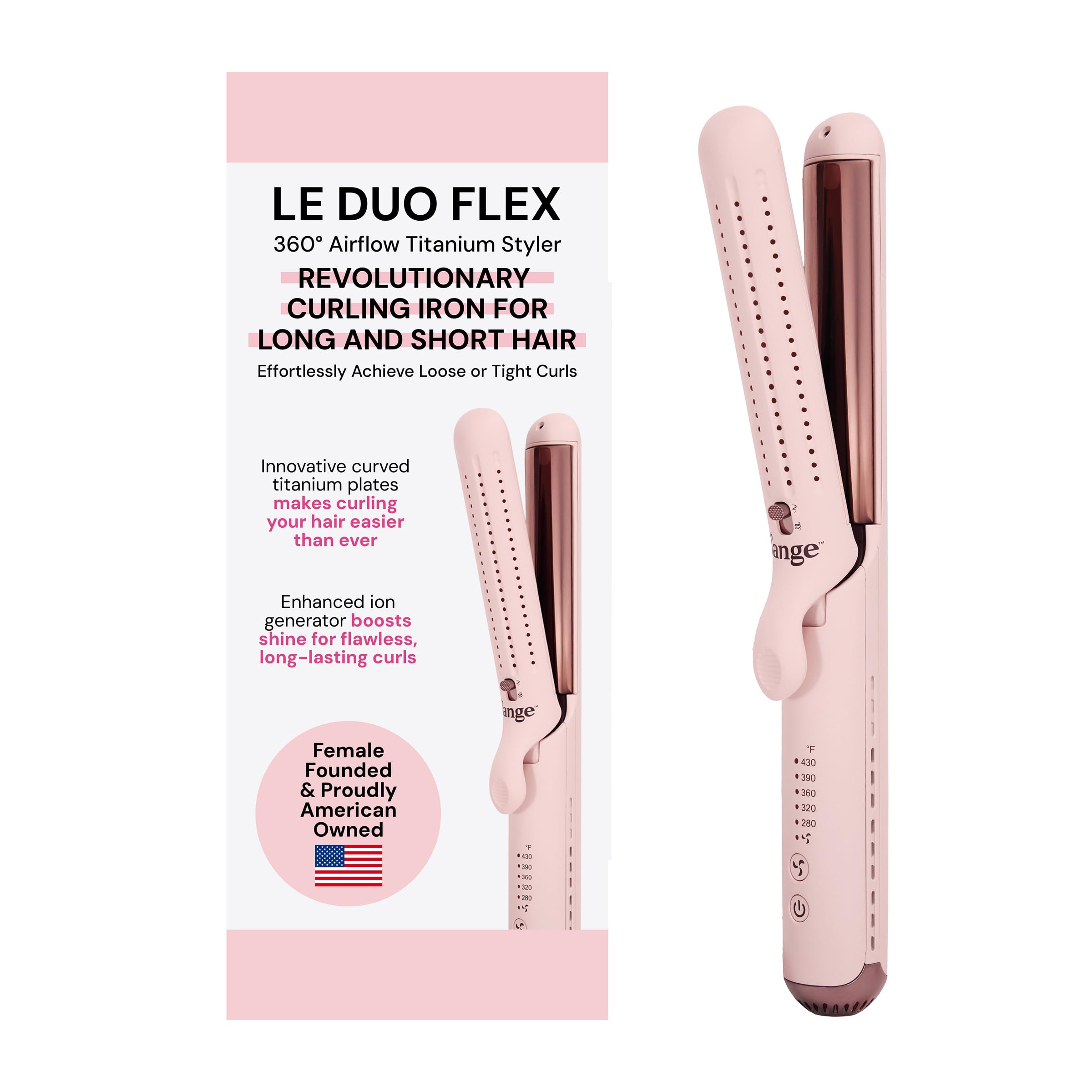 L'ANGE HAIR Le Duo Flex curved titanium plates deliver smooth curls with minimal tugging.
