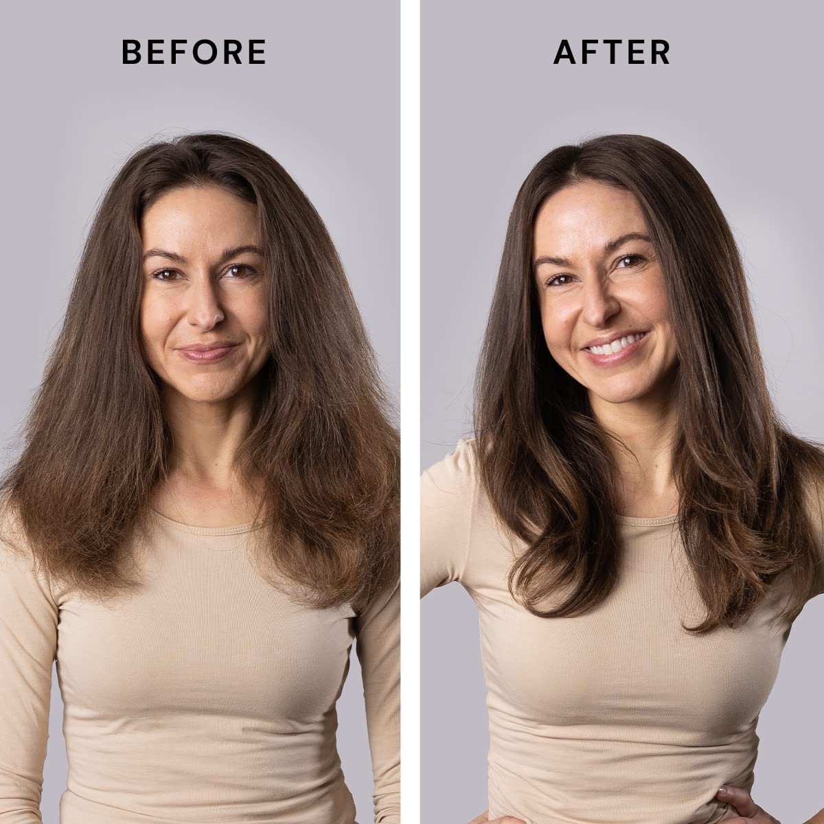 L'ANGE HAIR Le Volume shows negative-ion technology reducing frizz while boosting shine.