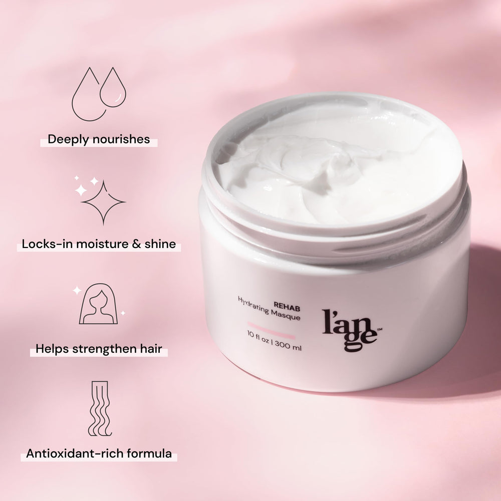 L'ANGE HAIR Rehab Hydrating Masque cream application on strand hints at detangled softness.