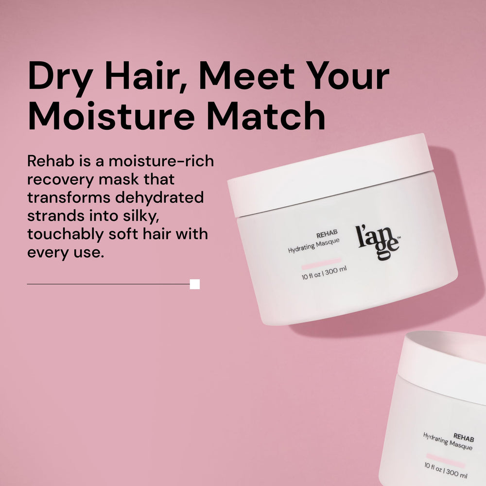 L'ANGE HAIR Rehab Hydrating Masque jar closeup shows creamy texture for lightweight, intense conditioning.