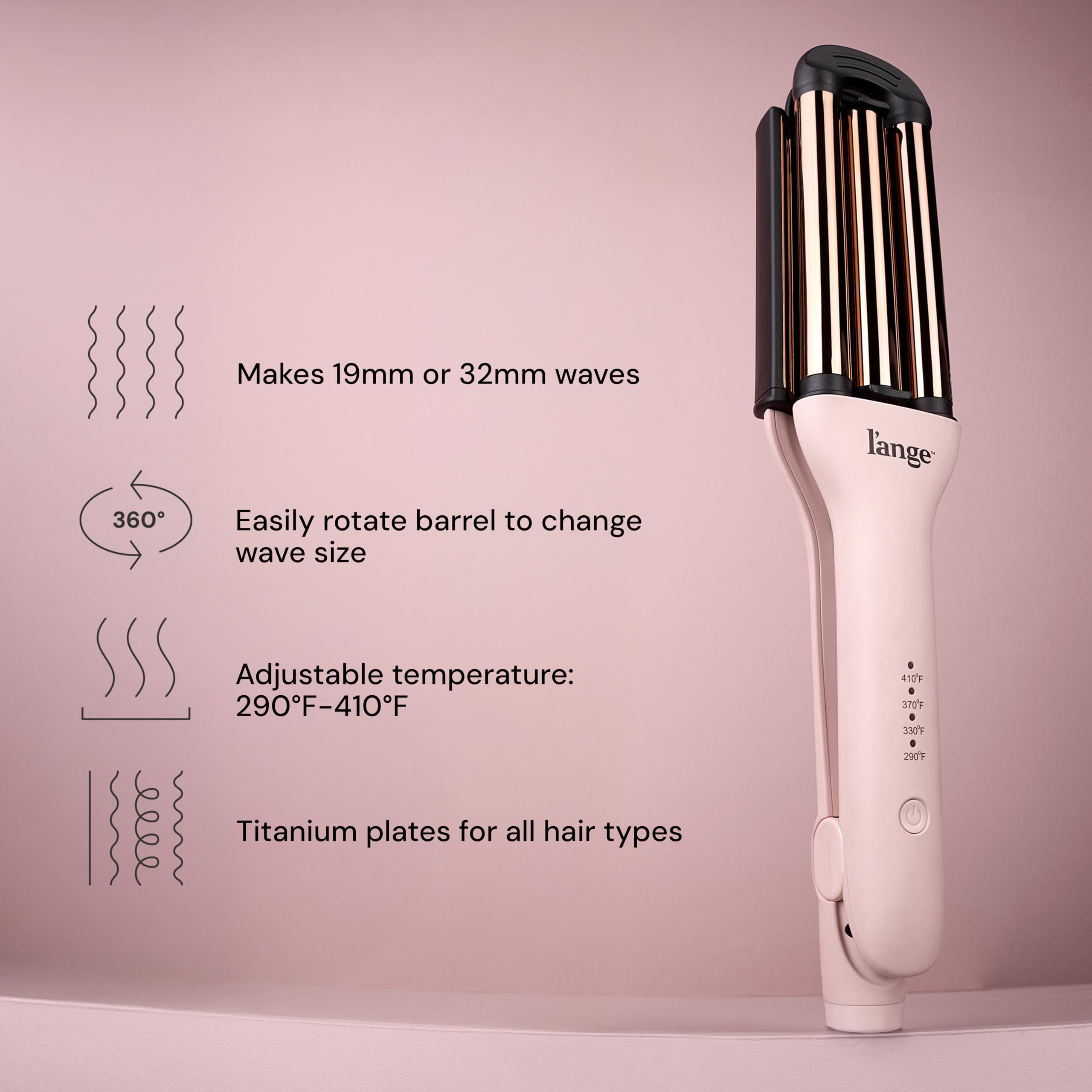 L'ANGE Hair VersaWaver 19mm waves barrel for tight, defined crimps.