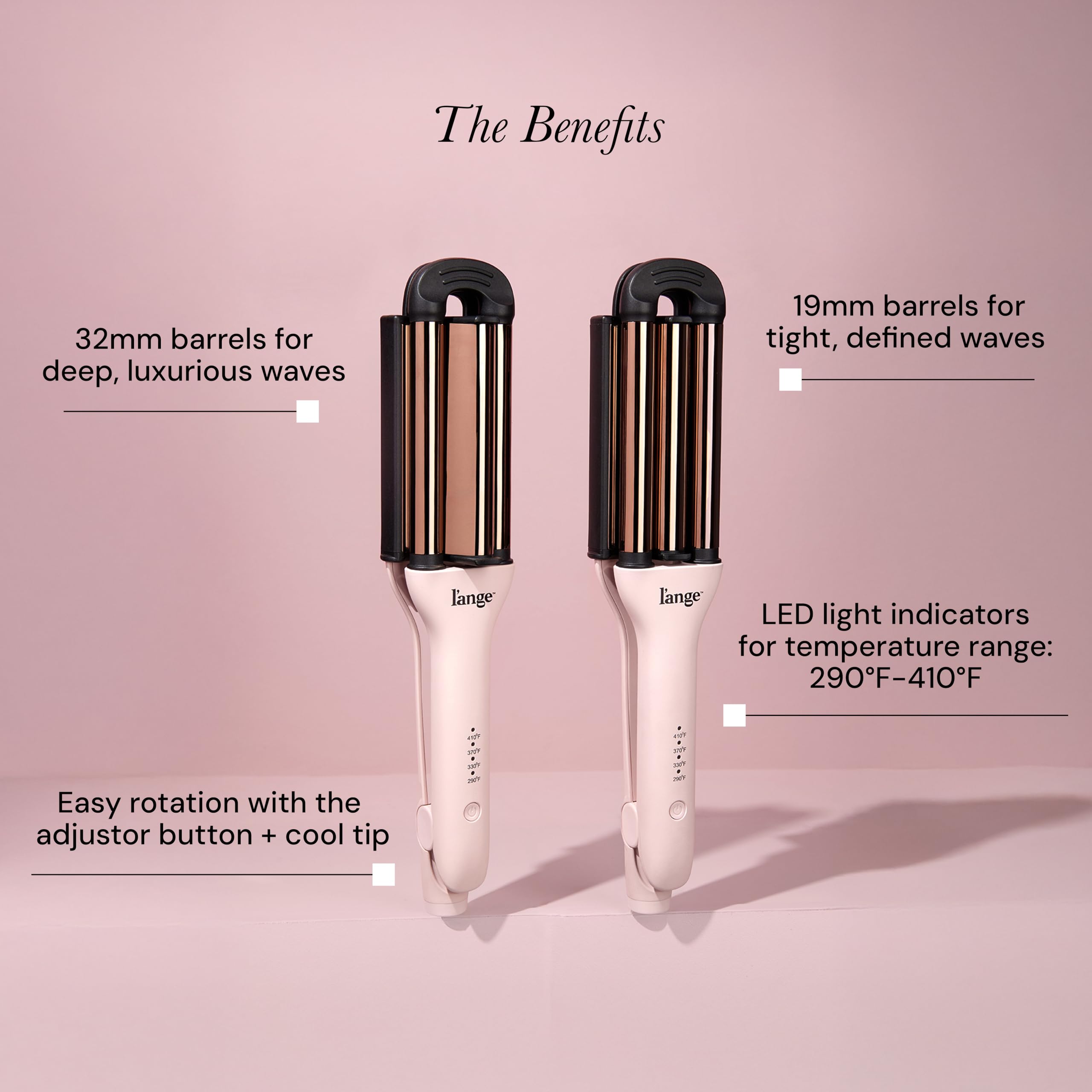 L'ANGE Hair VersaWaver adjustable heat (290–410°F) with even heat distribution.