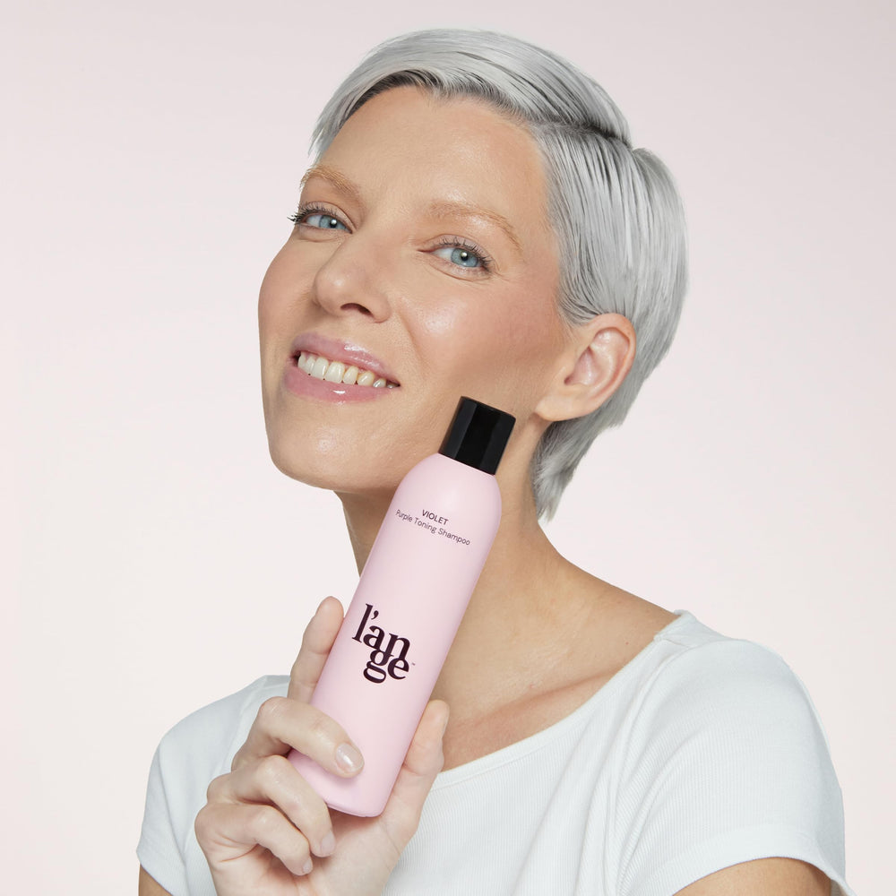 L'ANGE HAIR Violet Purple Toning Shampoo on-hair demonstrates color deposition for vibrant results.