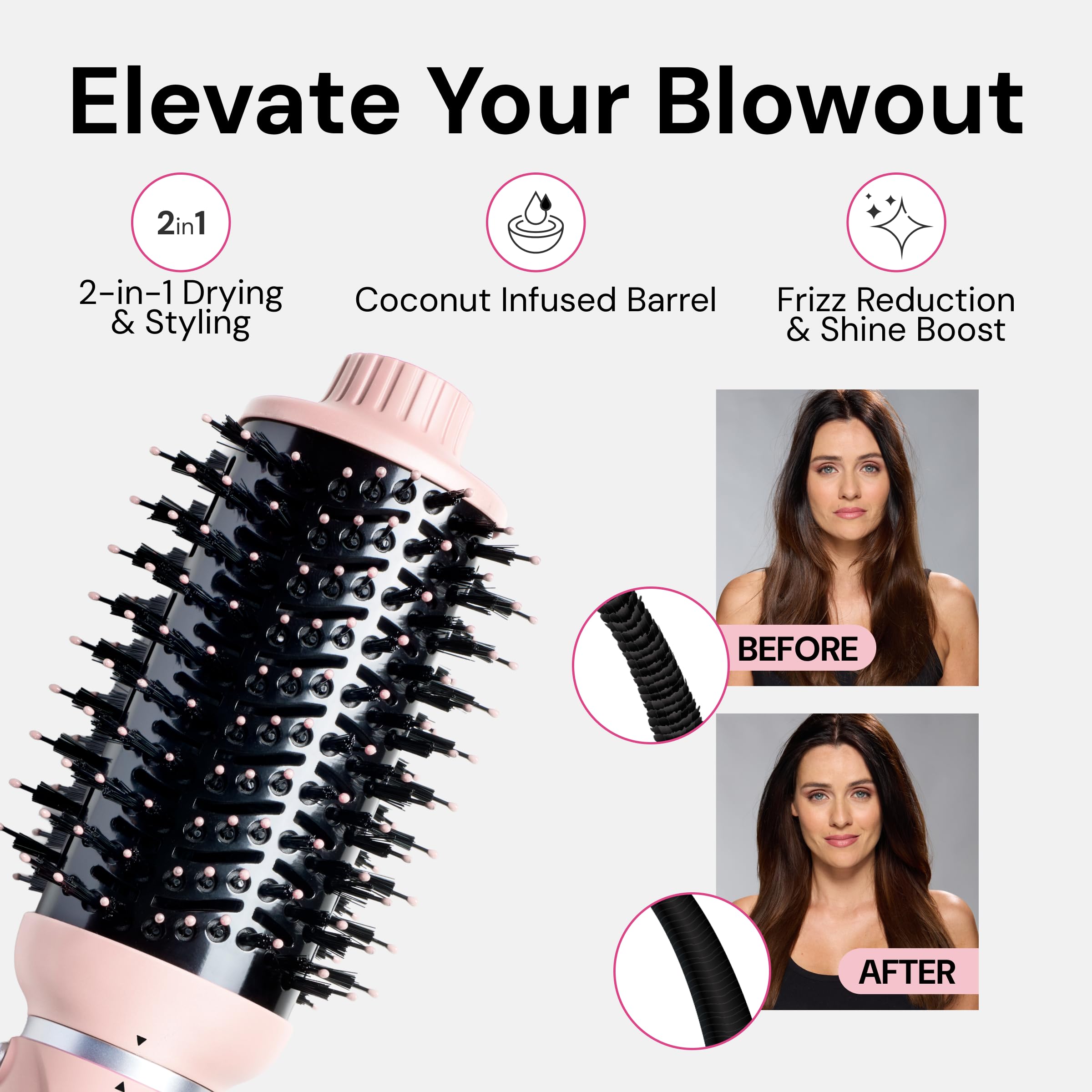 L'ANGE HAIR VolumeBoost 60mm coconut oil-infused barrel for subtle shine and conditioning.