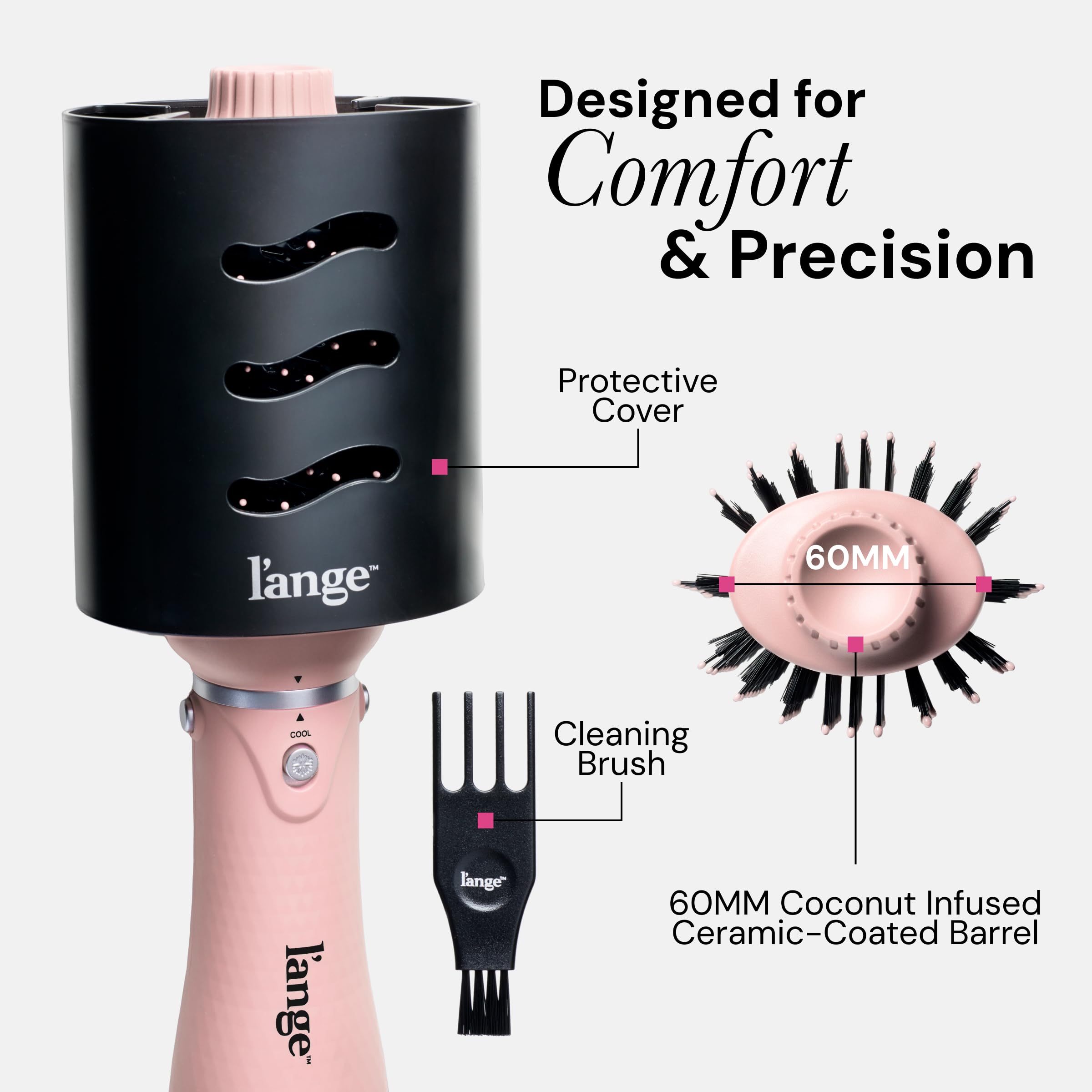 L'ANGE HAIR VolumeBoost 60mm blowout shows a frizz-free, voluminous finish.