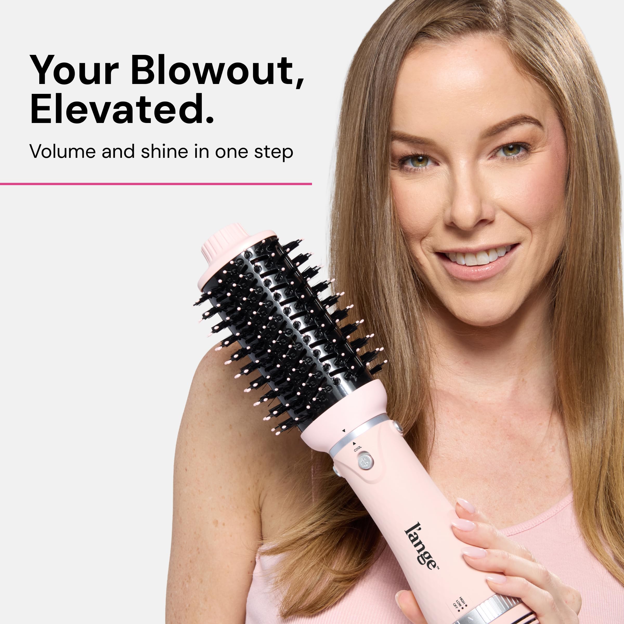 L'ANGE HAIR VolumeBoost 60mm in-use styling shot captures fast drying and glide.