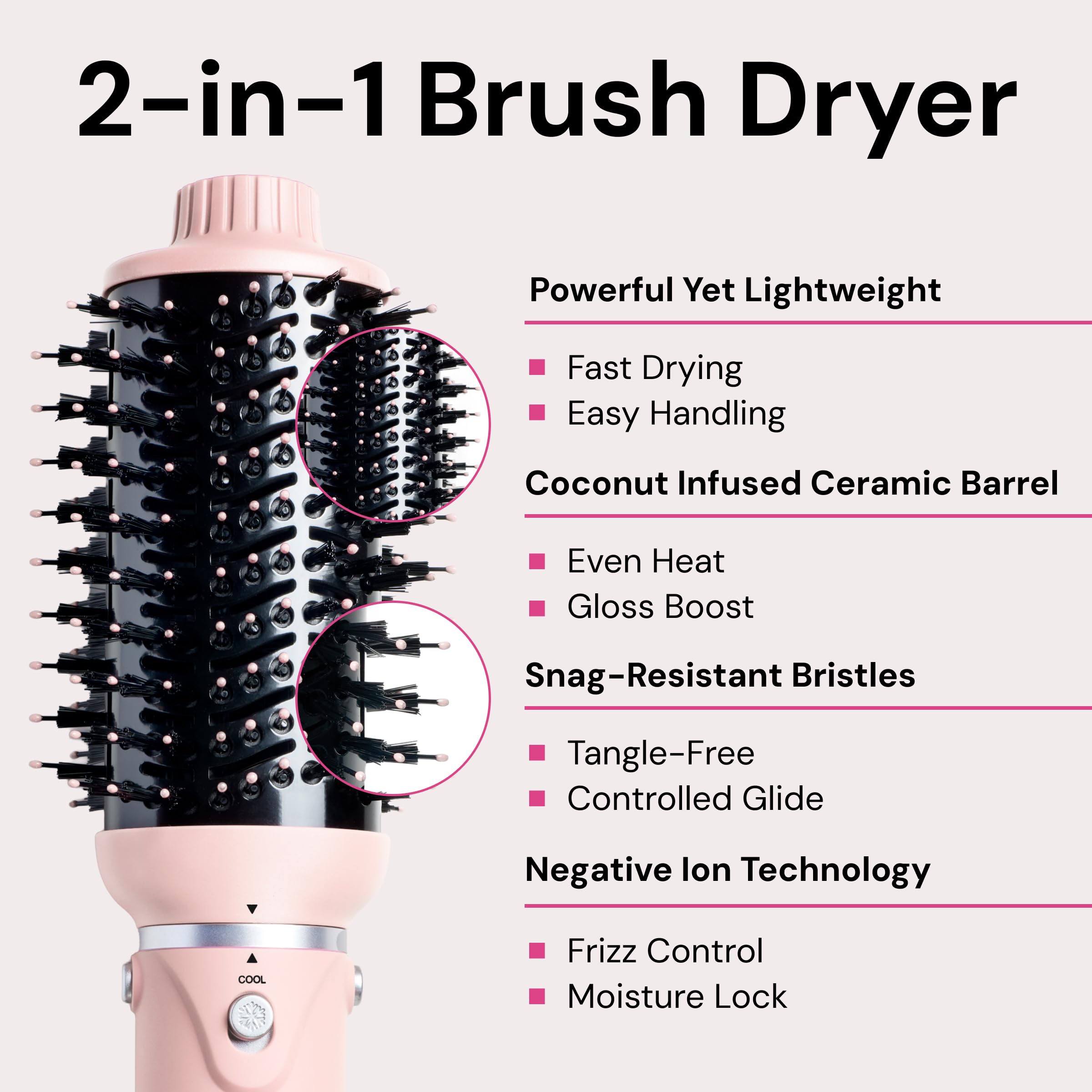 L'ANGE HAIR VolumeBoost 60mm ionic technology demonstrates frizz control and moisture retention.
