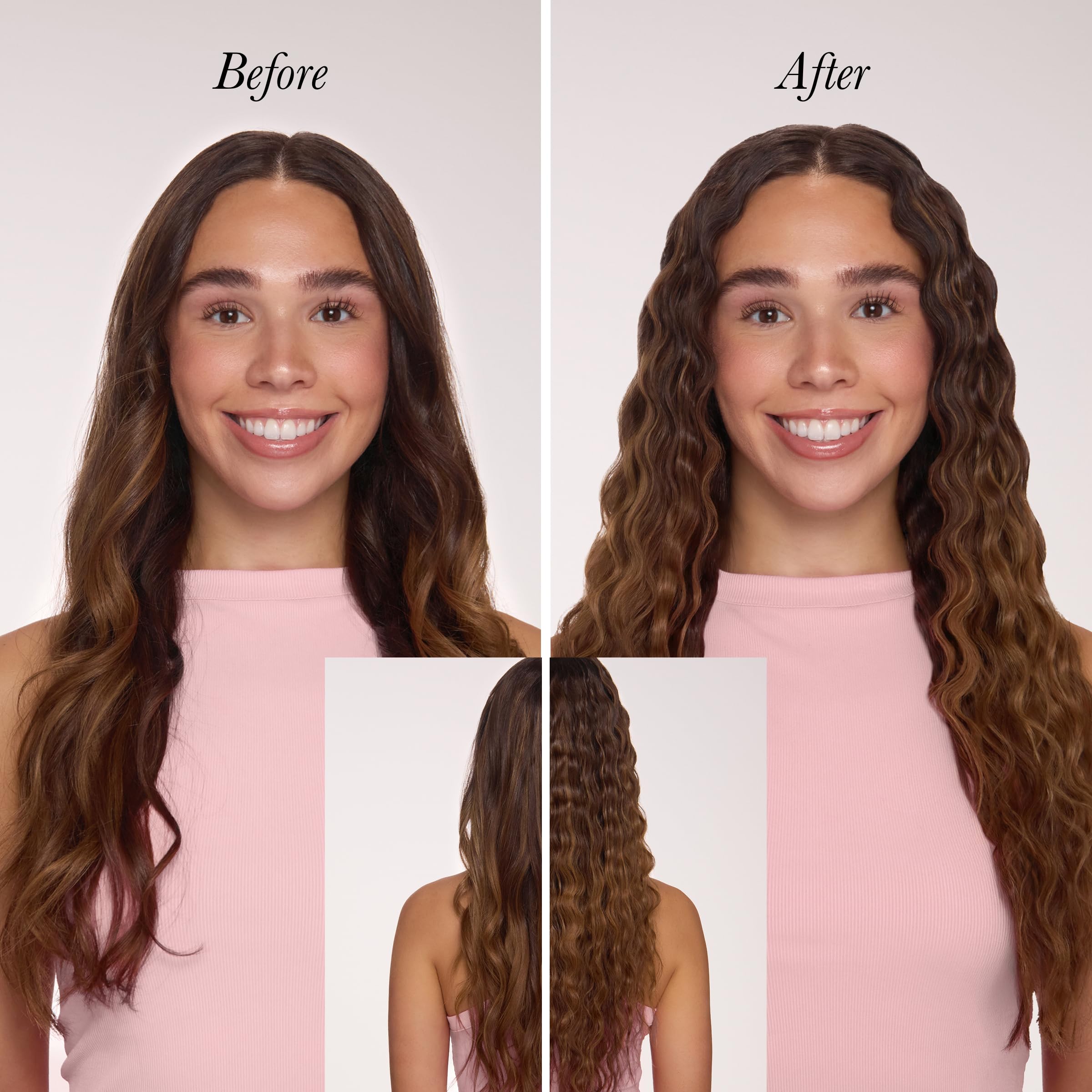 L'ANGE HAIR Sea Salt Texturizing Spray on damp hair illustrates fast beachy waves.