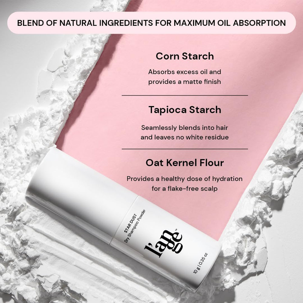 L'ANGE HAIR Star Dust dry shampoo being applied to roots for quick refresh.