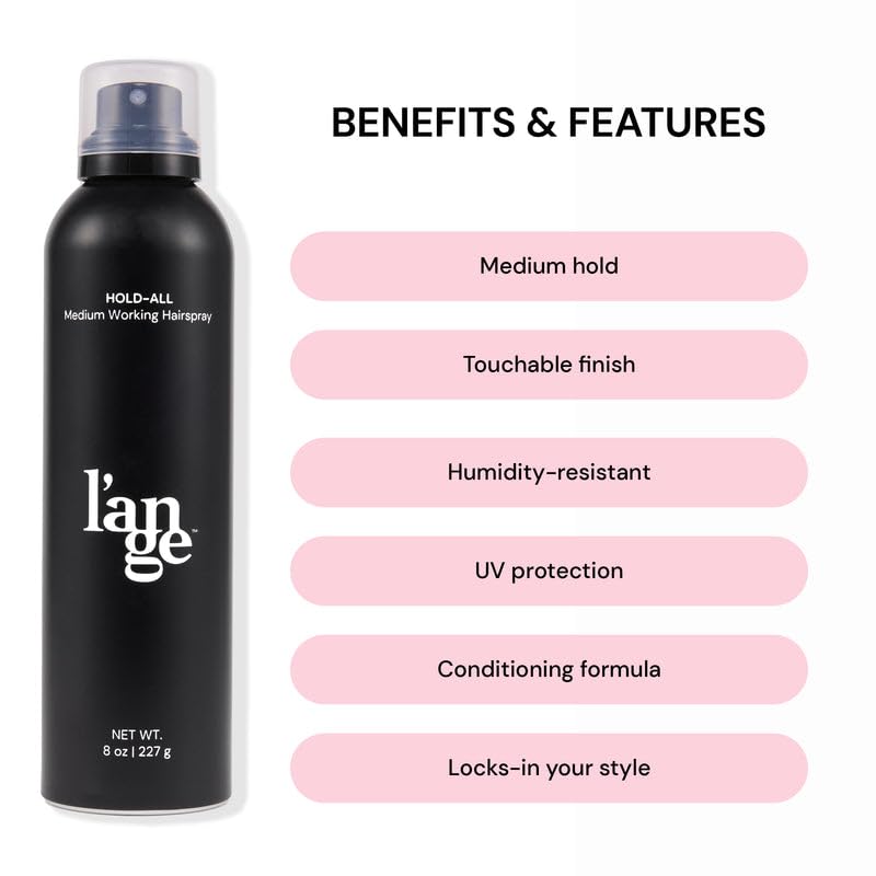 L'ANGE HAIR Hold-All 8oz packaging highlights convenient on-the-go styling and precise spray control.