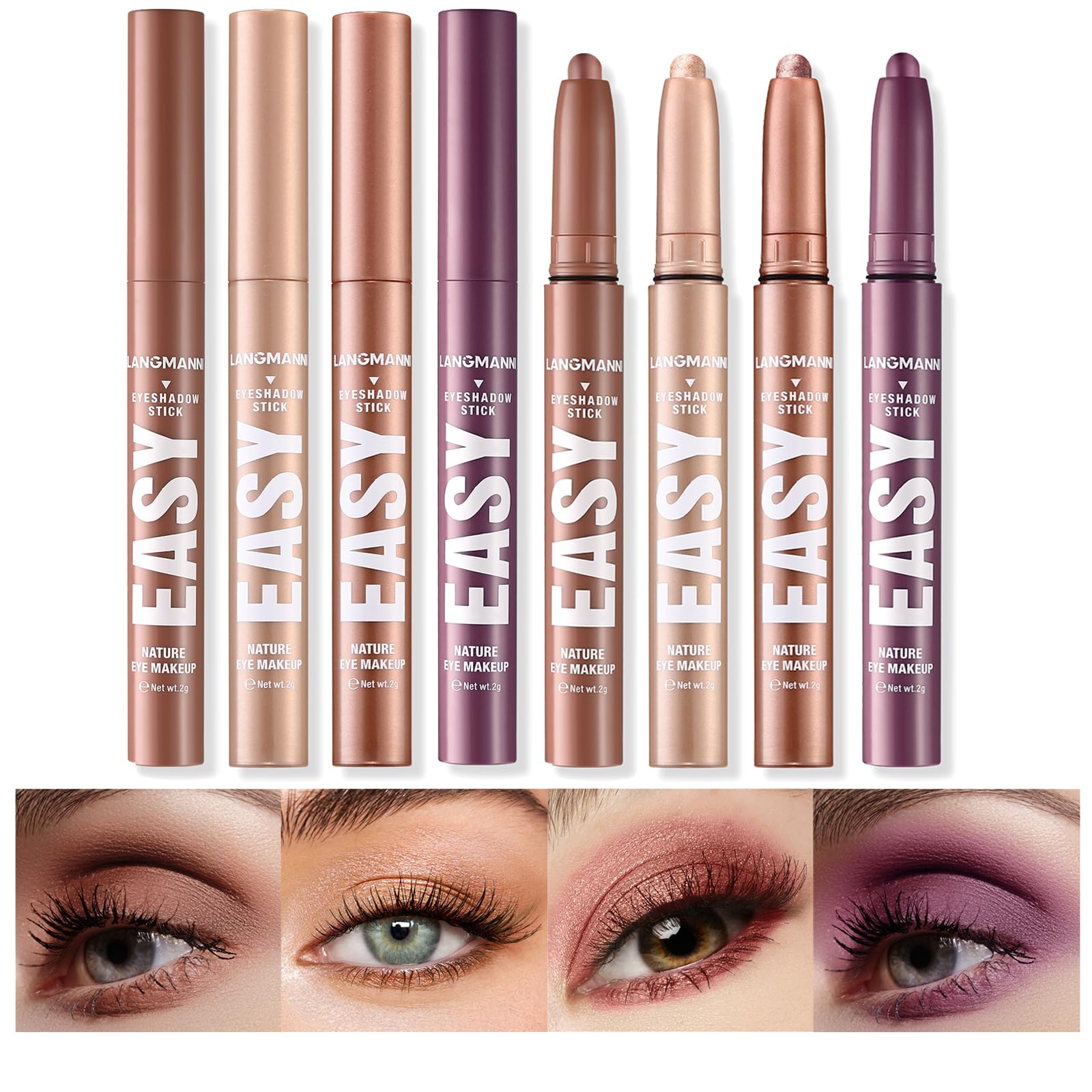 LANGMANNI Eyeshadow Stick swatches show natural to shimmer shades for day-to-night looks.