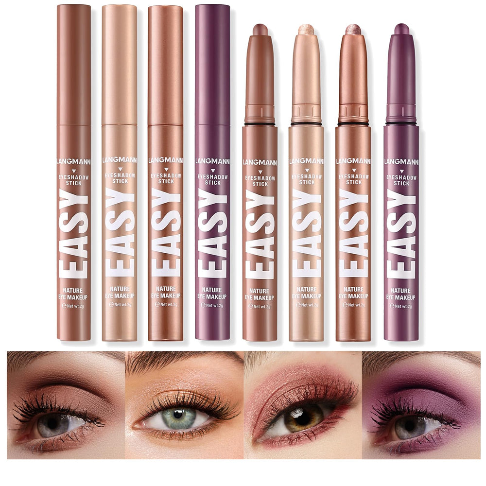 LANGMANNI Eyeshadow Stick swatches show natural to shimmer shades for day-to-night looks.