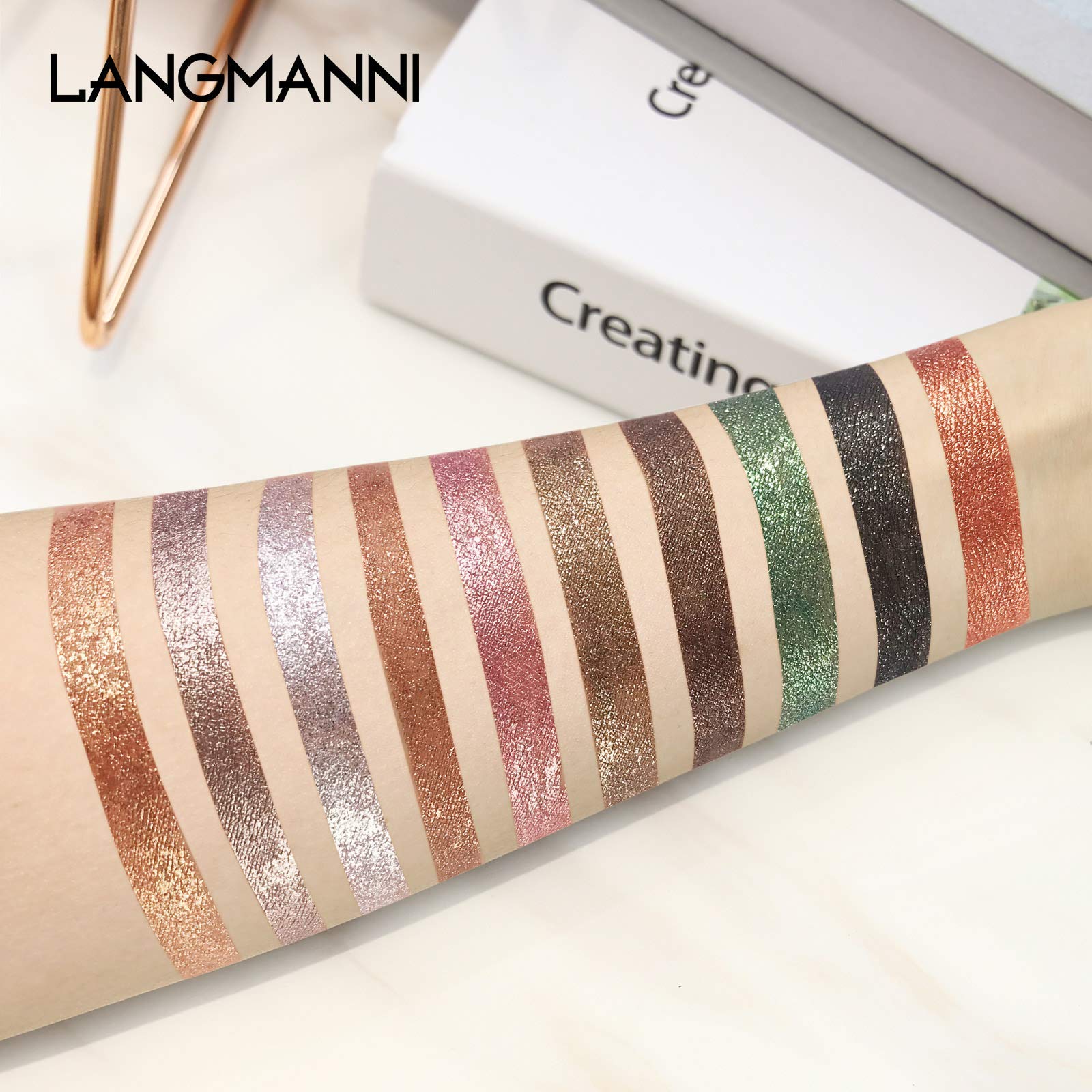 Langmanni liquid glitter eyeshadow swatches in plum, bronze, rose for shimmering multidimensional looks