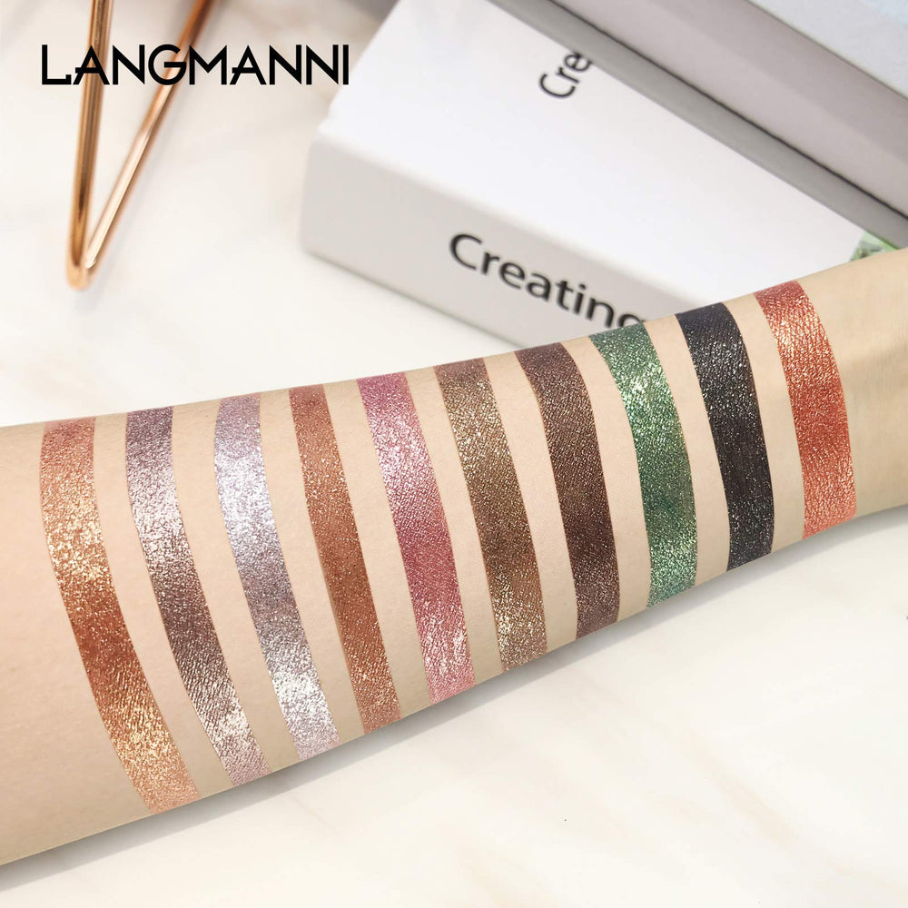 Langmanni liquid glitter eyeshadow swatches in plum, bronze, rose for shimmering multidimensional looks