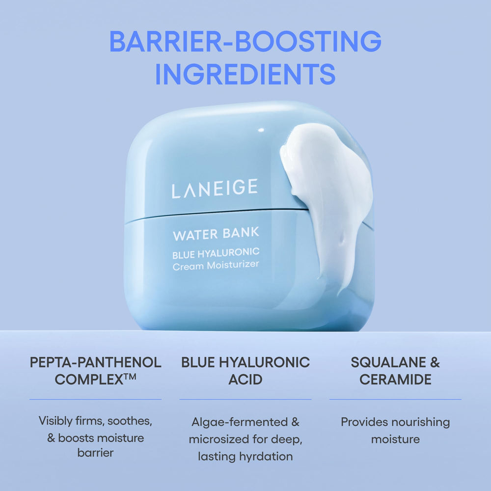 LANEIGE Water Bank Blue Hyaluronic Cream packaging on a vanity for daily routines