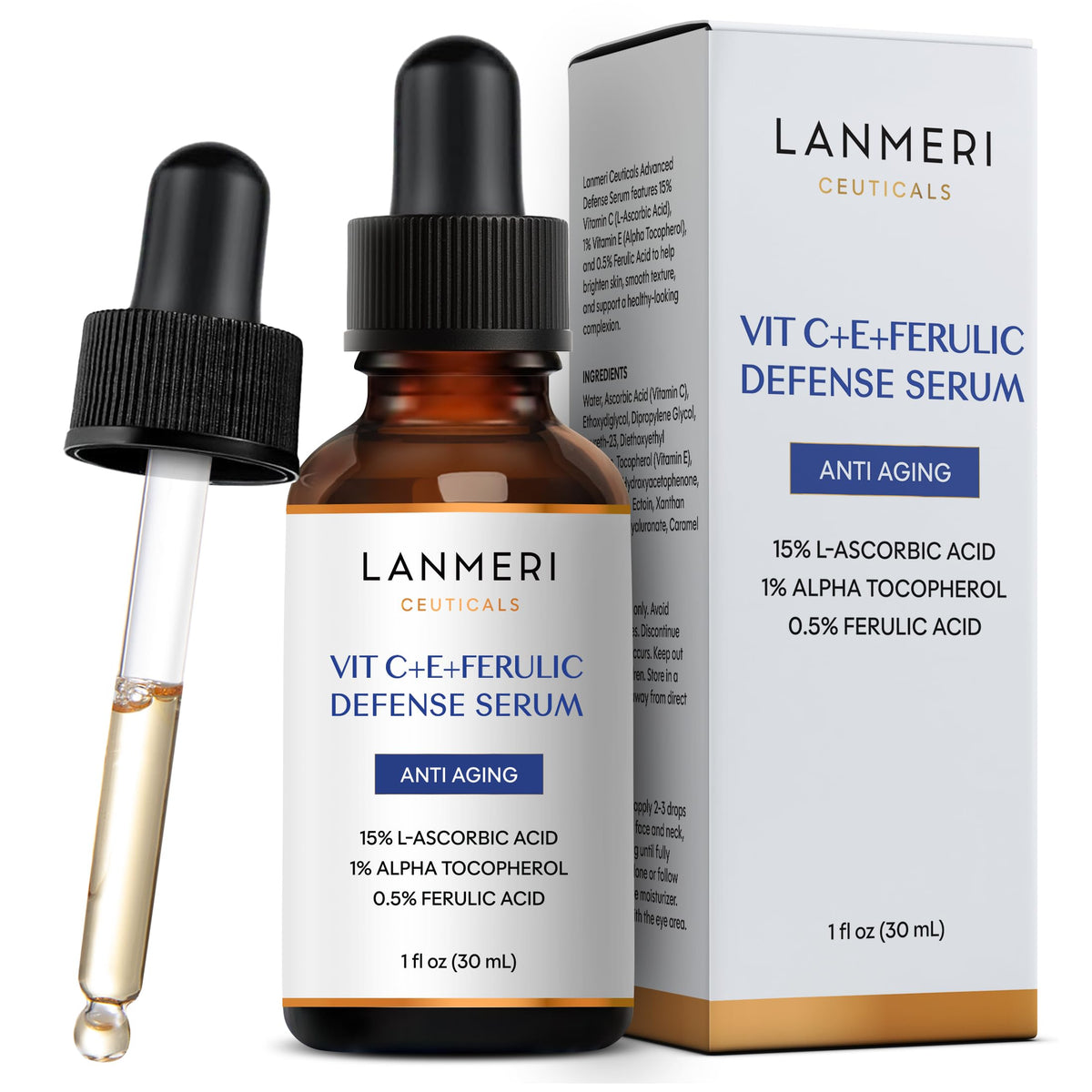 Lanmeri Ceuticals amber bottle signaling stabilized serum for brightness and protection