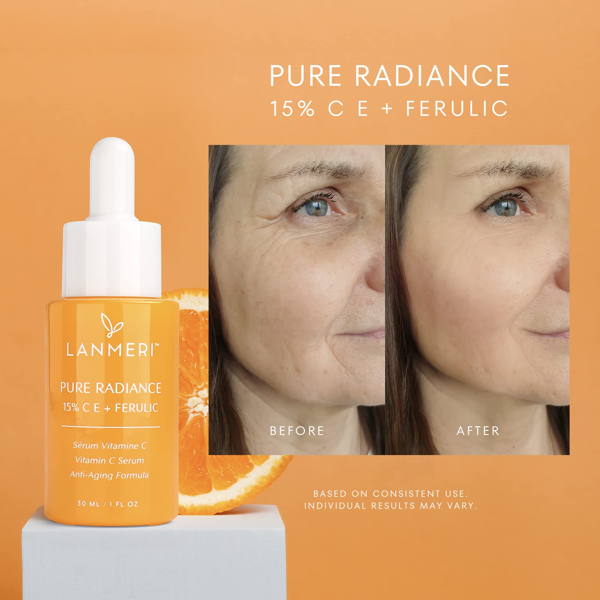 Lanmeri Vitamin C Serum amber bottle closeup showcases protective packaging for stability.